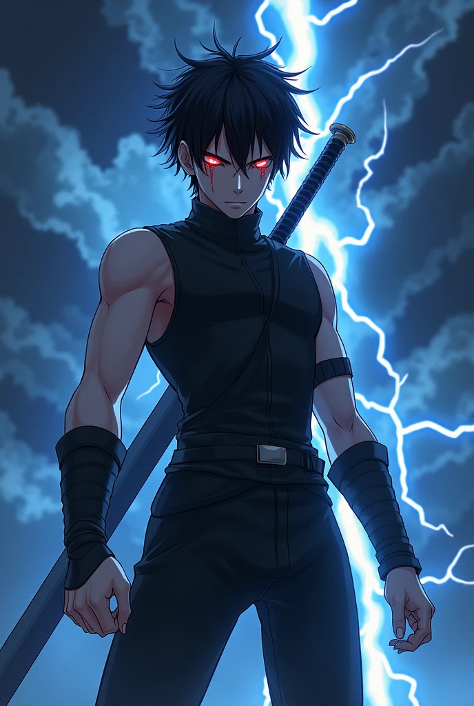 Here's a description for generating an anime hero similar to Sasuke, without mentioning his name:
---
"Create an anime-style hero with a dark and brooding presence. He has spiky black hair that falls over his eyes, which are intense and sharp, with a mysterious and determined gaze. His outfit consists of a high-collared, sleeveless dark tunic, paired with arm guards and pants that allow for swift movement. He wields a long, sleek sword strapped to his back, ready for battle. The character should have a lean, athletic build, standing in a defensive stance with lightning crackling around him, indicating his powerful control over electric abilities. The background is a stormy night sky, with dark clouds swirling, adding to the intense and dramatic atmosphere. The overall feel should be one of make him like sauske with red glowing eyes and blood from his eyes