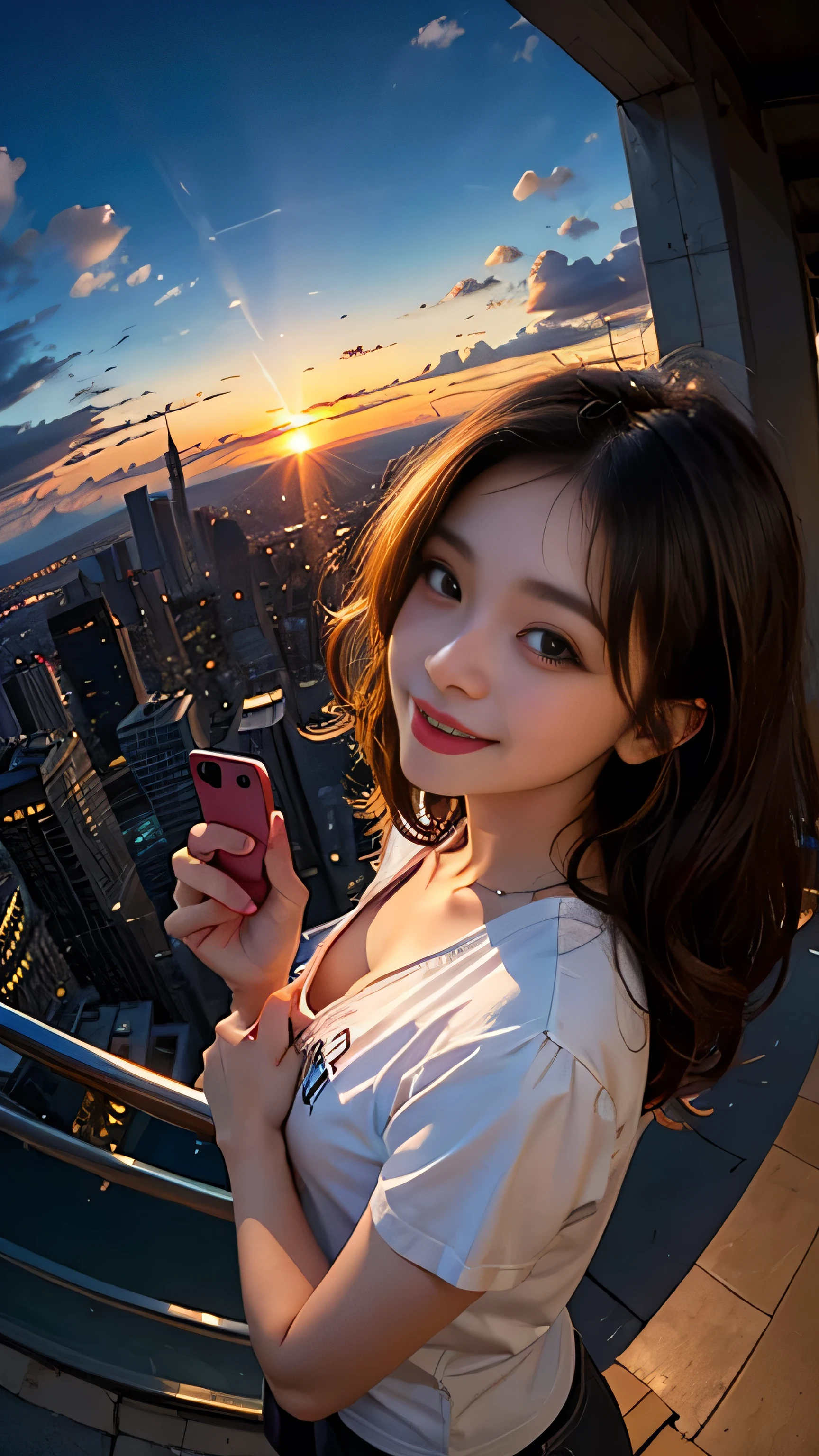 One girl, Korean, Fisheye Lens, Selfie, Wind, Messy Hair, sunset, Cityscape, (Aesthetics and atmosphere:1.2),smile