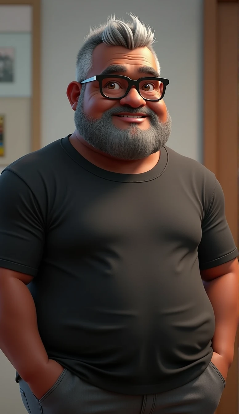 Cartoon character of a middle-aged black man with very short hair, wearing black glasses. Stylized character, animation-style rendering, 3D stylized rendering, Arnold Maya render, 3D stylized render, toon Keyshot render, 3D character, 3D stylized rendering, cartoon character, character close-up, character pose, Pixar style, high quality, cinematic lighting, sharp focus, detailed texture, detailed skin, clay, bokeh, 8K. The man should have the following characteristics: A middle-aged man with a broad build and overweight, casually relaxed hands. His skin tone is dark brown with a warm undertone. He has only two prominent vertical wrinkles between his eyebrows. His beard is very short, trimmed, and sparse, with more white hairs on the chin and the rest being dark gray. His hair is gray, extremely short on top, styled to the right side, and shaved on the sides. He wears modern black glasses. His eyebrows are thick and well-defined, and his eyes are very dark brown, conveying warmth and friendliness. The man is dressed in an oversized black t-shirt and dark gray pants without a belt. Incorporate the following ancestry characteristics: 43% European (17% Iberian and 17% Western European, including Germany, France, and the Netherlands), 4% Sephardic Jewish, 3% Fennoscandian, less than 2% Balkan and Lapland and Volga-Ural, 41% from the Americas, 9% from the Middle East and Maghreb, and 7% from Africa.