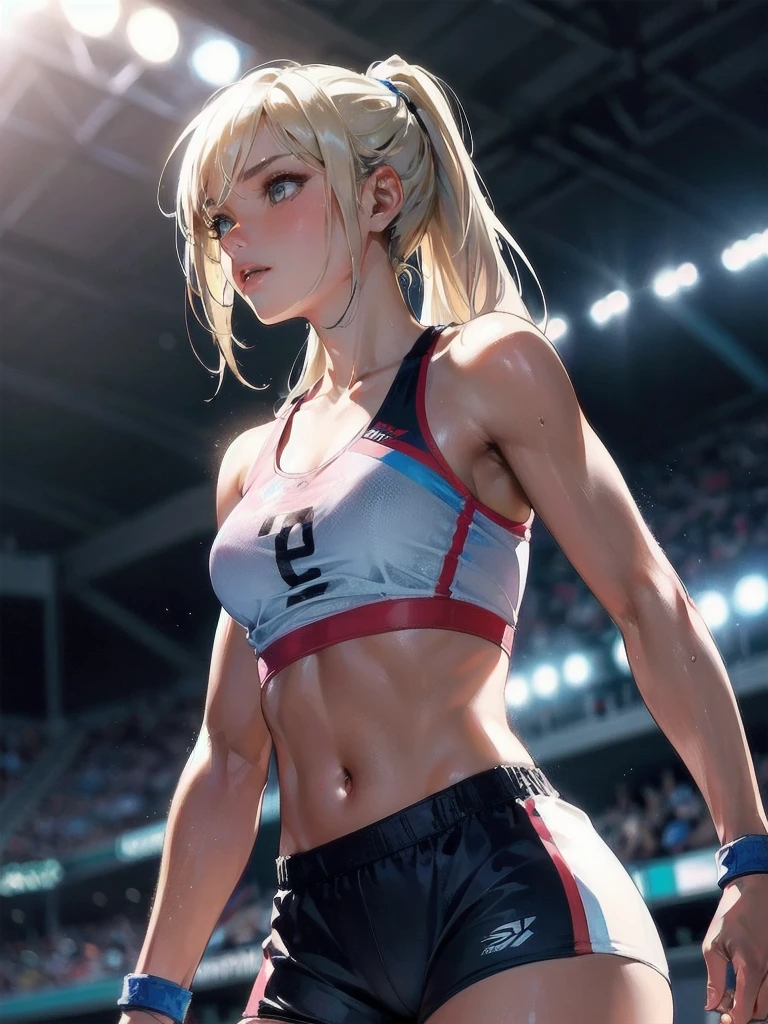 masterpiece, (textured skin), best quality, gorgeous beautiful girl, (a female cycling athlete), detailed clothes,large breasts,narrow waist,, (beautiful face), cinematic lighting, (at cycling venue ),