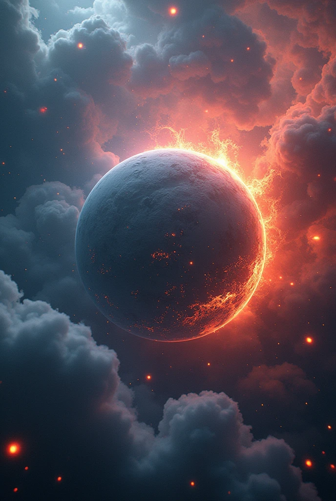 "Create an image of of a new drawing planet looks outside in the atmosphere . The planet features vast oceans cover much of the surface with volcanic eruptions"
the view must be out side of the planet and the baclhround is just atmosphere make it unique other than any planet in solar system. you can make the colors, shape and characteristics umique