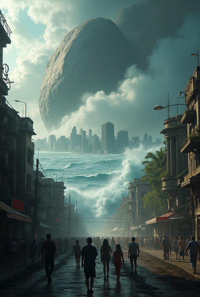 An enormous asteroid tears through the atmosphere, striking the Arabian Sea near Mumbai with terrifying force. The impact generates a colossal shockwave, sending massive tsunamis roaring toward the bustling city. The once calm waters rise into towering walls, crashing toward Mumbai's coastline with unstoppable power. The city's iconic skyline is shrouded in a dark, ashen sky, while the people below scramble in panic, seeking refuge from the impending disaster. The streets, usually teeming with life, are now filled with fear and chaos as the monstrous waves draw nearer."