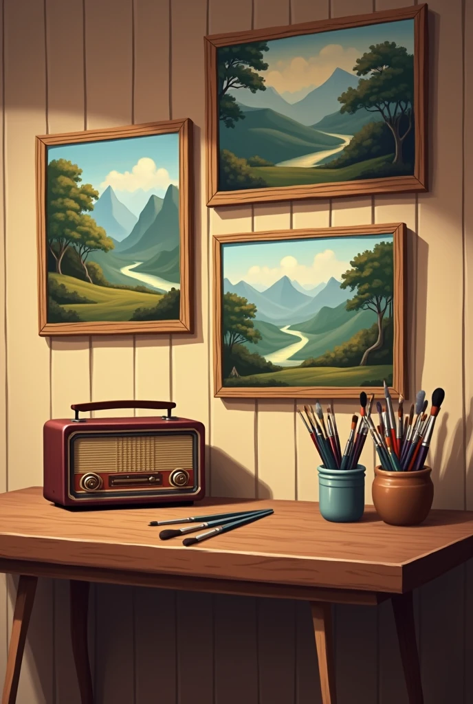 (background) a radio and a cup of paint brushes on a table with three beautiful landscape painting on the wall
