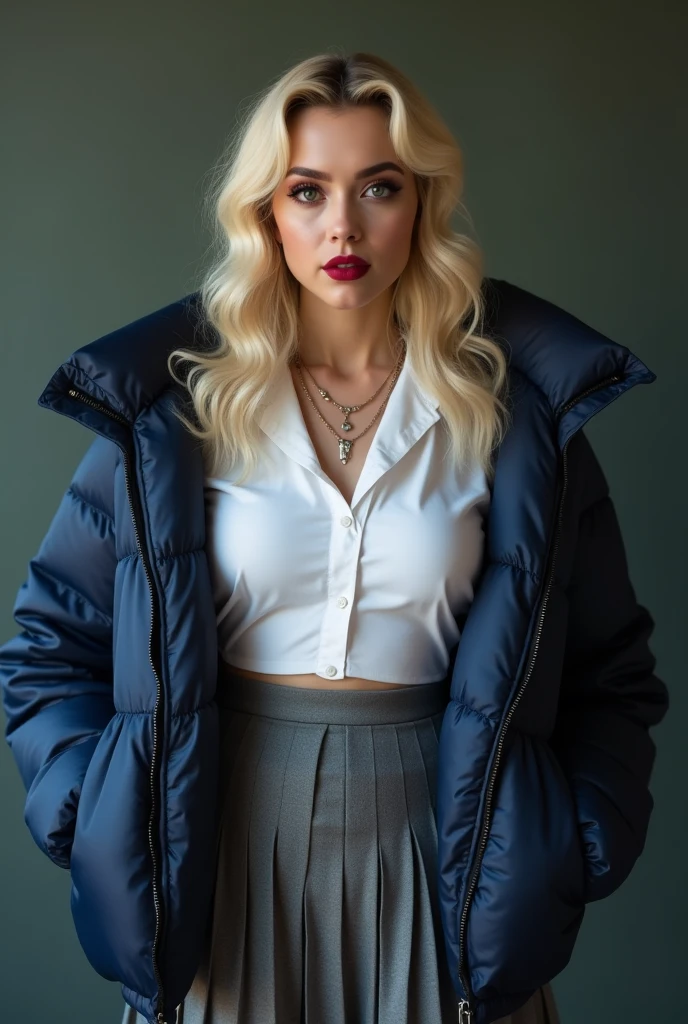 beautiful English 15 year old female, tight silk navy blue moncler puffer coat, wavy blonde hair, heavy makeup, dark foundation, dark red lipstick, school uniform, large breasts, white blouse, grey pleated short skirt, chav, attitude, oversized coat, coat off the shoulder, exposed shoulders