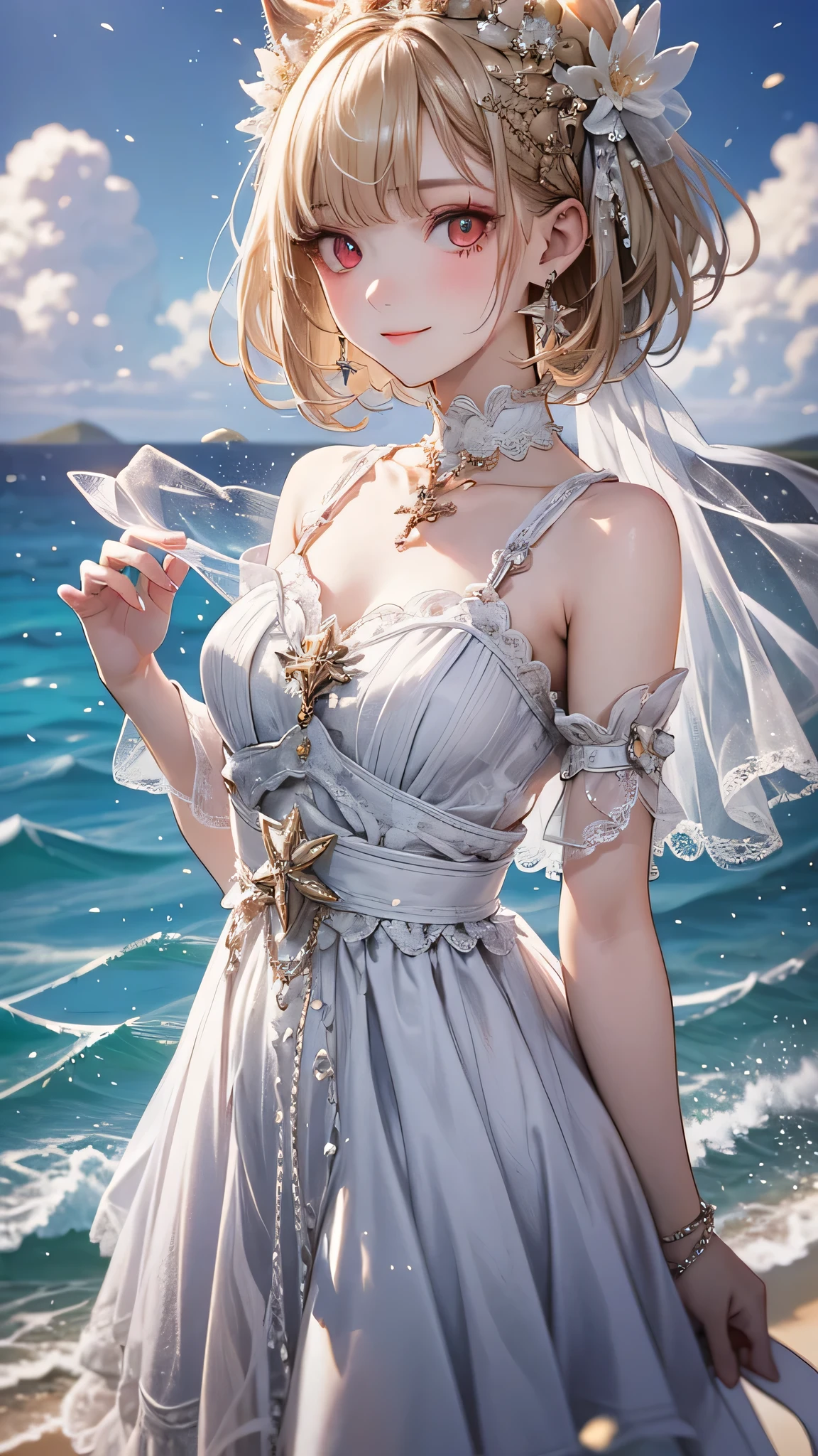 (masterpiece), ((Highest quality)), (Very detailed), ((very delicでe and beautiful)), (Unbelievably absurd))), (Perfect body))), 1 girl, Glowing White Particles, Blonde Bob, Red eyes, , Outdoor, null, Aura full body, White Tread Dress, Exposing shoulders, A small smile, Ocean + background, Wind, Earrings, Watching the audience, Cowboy Shot, Rich details, Perfect image quality