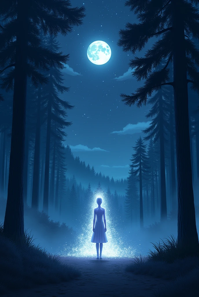 Dark night sky with bright moon and stars under which a men standing at a distance. men's animation outlines should be bright. Trees are there. Bright glittering effects in the men.