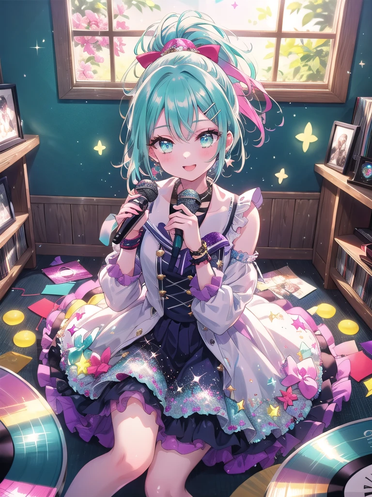 ((8k, Highest quality, masterpiece: 1.3)),Ultra-high resolution,(1 girl, alone), (Color changing eyes, Ultra-detailed, Expressive brilliance, Glitter, Glowing Eyes), Highly detailed eyes, Highly detailed face, Random Hair, ((pastel colour)),A cheerful young woman with pastel teal hair styled into a high ponytail, sitting on her bed, surrounded by scattered cosplay accessories. It’s mid-morning, and the room is filled with bright, natural light coming through the window. She is dressed in a retro idol cosplay, wearing a colorful, glittery dress with a short pleated skirt, matching wristbands, and a star-shaped hairclip. The camera captures her from a slightly elevated angle as she practices her dance moves while sitting, her face beaming with excitement. Her room is filled with posters of famous idols, a microphone stand in the corner, and a shelf lined with CDs and vinyl records, reflecting her love for music and performance.