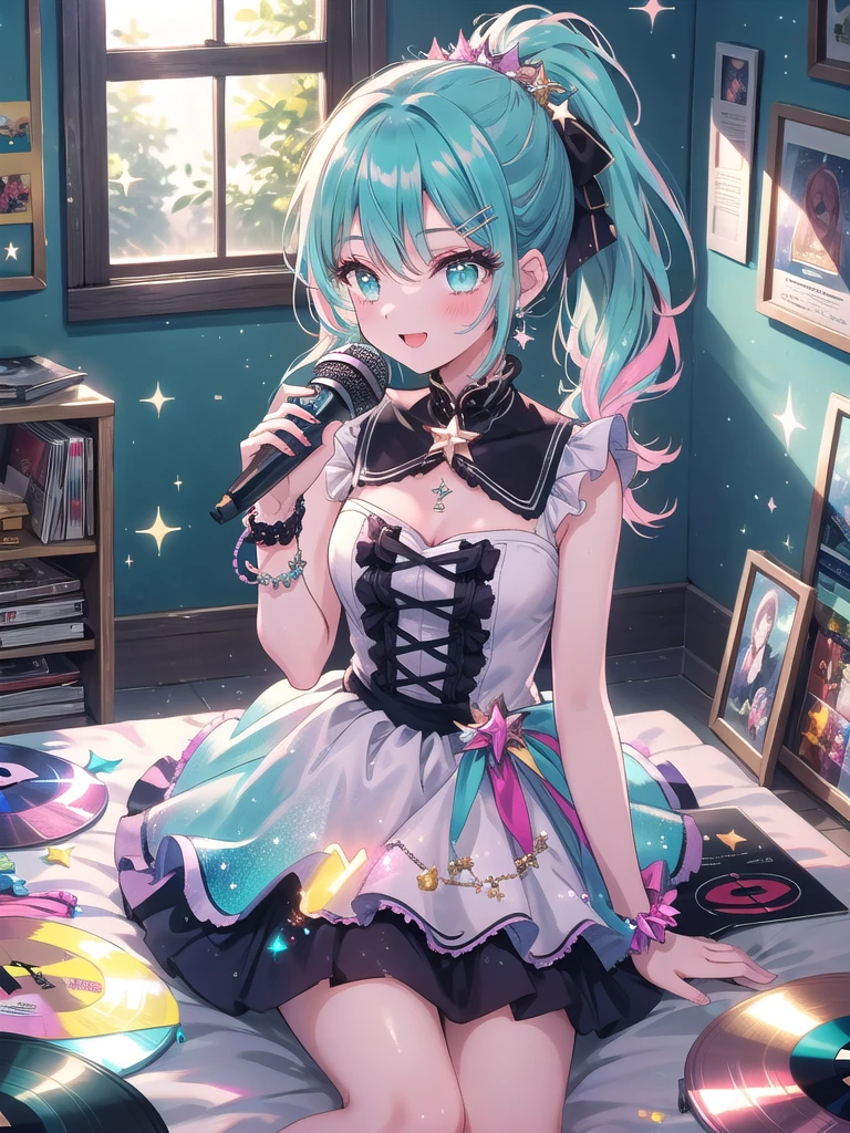 ((8k, Highest quality, masterpiece: 1.3)),Ultra-high resolution,(1 girl, alone), (Color changing eyes, Ultra-detailed, Expressive brilliance, Glitter, Glowing Eyes), Highly detailed eyes, Highly detailed face, Random Hair, ((pastel colour)),A cheerful young woman with pastel teal hair styled into a high ponytail, sitting on her bed, surrounded by scattered cosplay accessories. It’s mid-morning, and the room is filled with bright, natural light coming through the window. She is dressed in a retro idol cosplay, wearing a colorful, glittery dress with a short pleated skirt, matching wristbands, and a star-shaped hairclip. The camera captures her from a slightly elevated angle as she practices her dance moves while sitting, her face beaming with excitement. Her room is filled with posters of famous idols, a microphone stand in the corner, and a shelf lined with CDs and vinyl records, reflecting her love for music and performance.