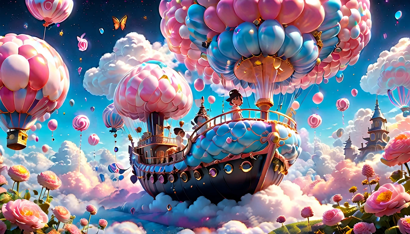 (Very unified cg scene design）,(character  design），( epic balloon ship floating in the clouds），pink and blue，starlights，rosette，butterflys，，like a dream，mystical lighting，4k detail，Dramatic light and shadow，like a dream，Beautiful lighting by Yoshitaka Amano at Studio Ghibli，3Drenderingof，c4d，Fantasyart，mirai，cartoony，