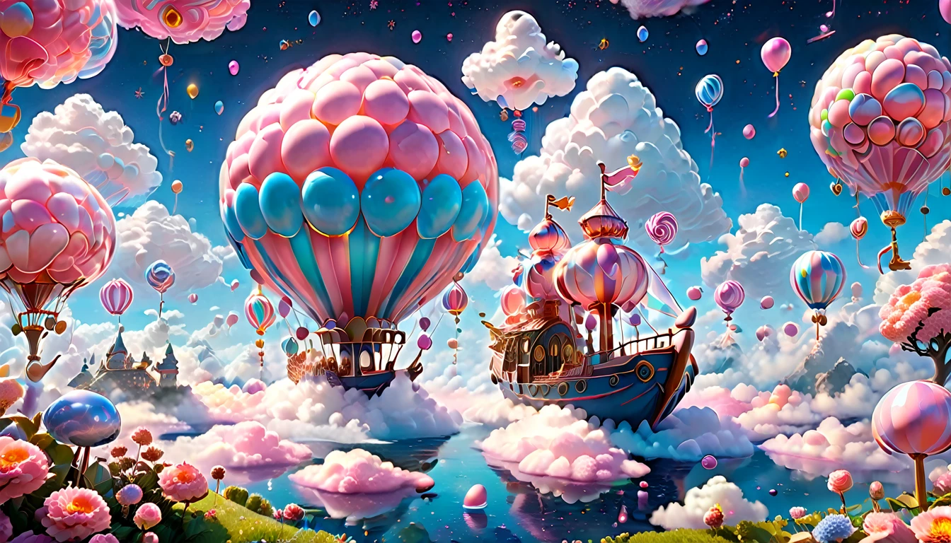 (Very unified cg scene design）,(character  design），( epic balloon ship floating in the clouds），pink and blue，starlights，rosette，butterflys，，like a dream，mystical lighting，4k detail，Dramatic light and shadow，like a dream，Beautiful lighting by Yoshitaka Amano at Studio Ghibli，3Drenderingof，c4d，Fantasyart，mirai，cartoony，