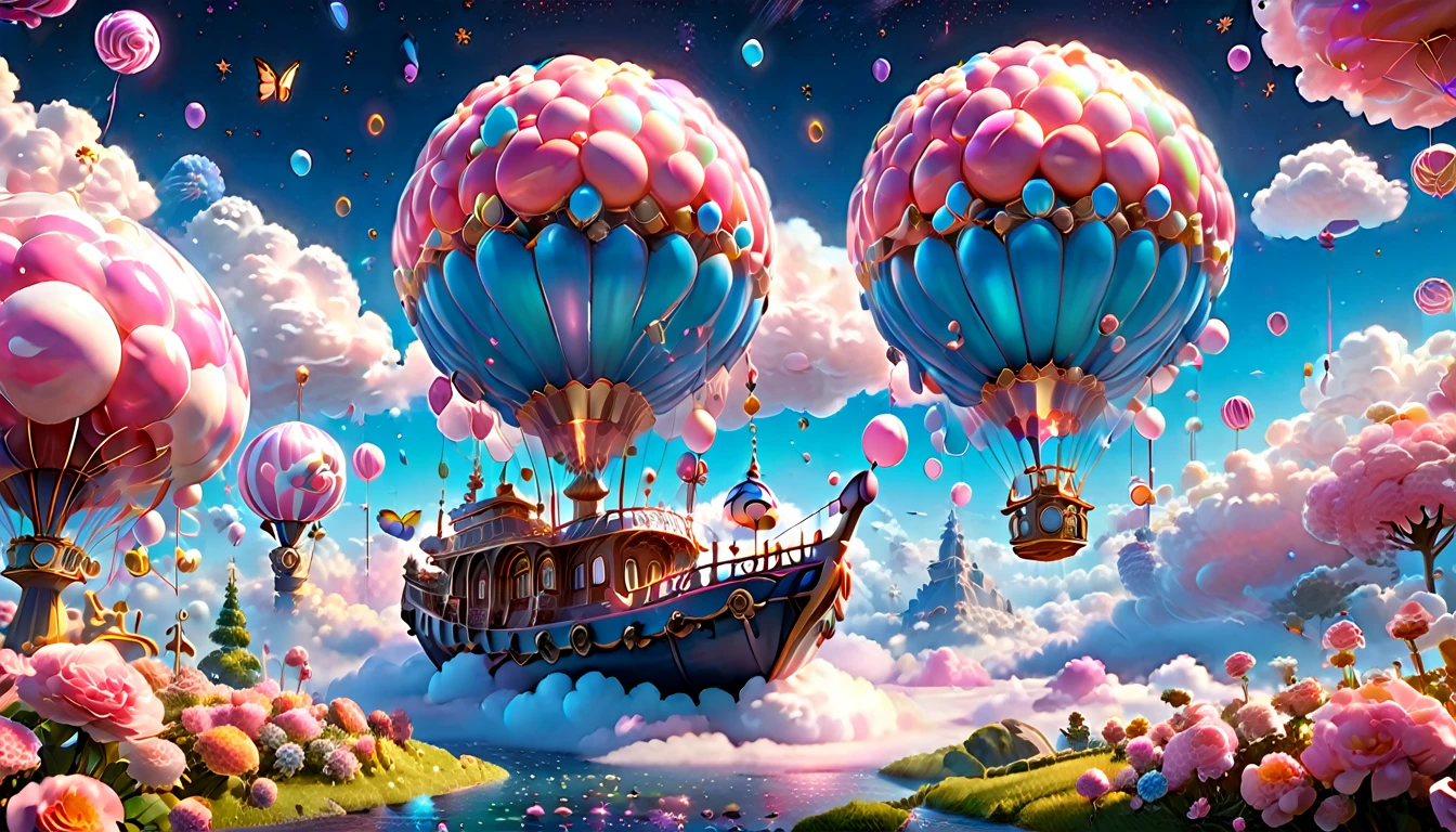 (Very unified cg scene design）,(character  design），( epic balloon ship floating in the clouds），pink and blue，starlights，rosette，butterflys，，like a dream，mystical lighting，4k detail，Dramatic light and shadow，like a dream，Beautiful lighting by Yoshitaka Amano at Studio Ghibli，3Drenderingof，c4d，Fantasyart，mirai，cartoony，