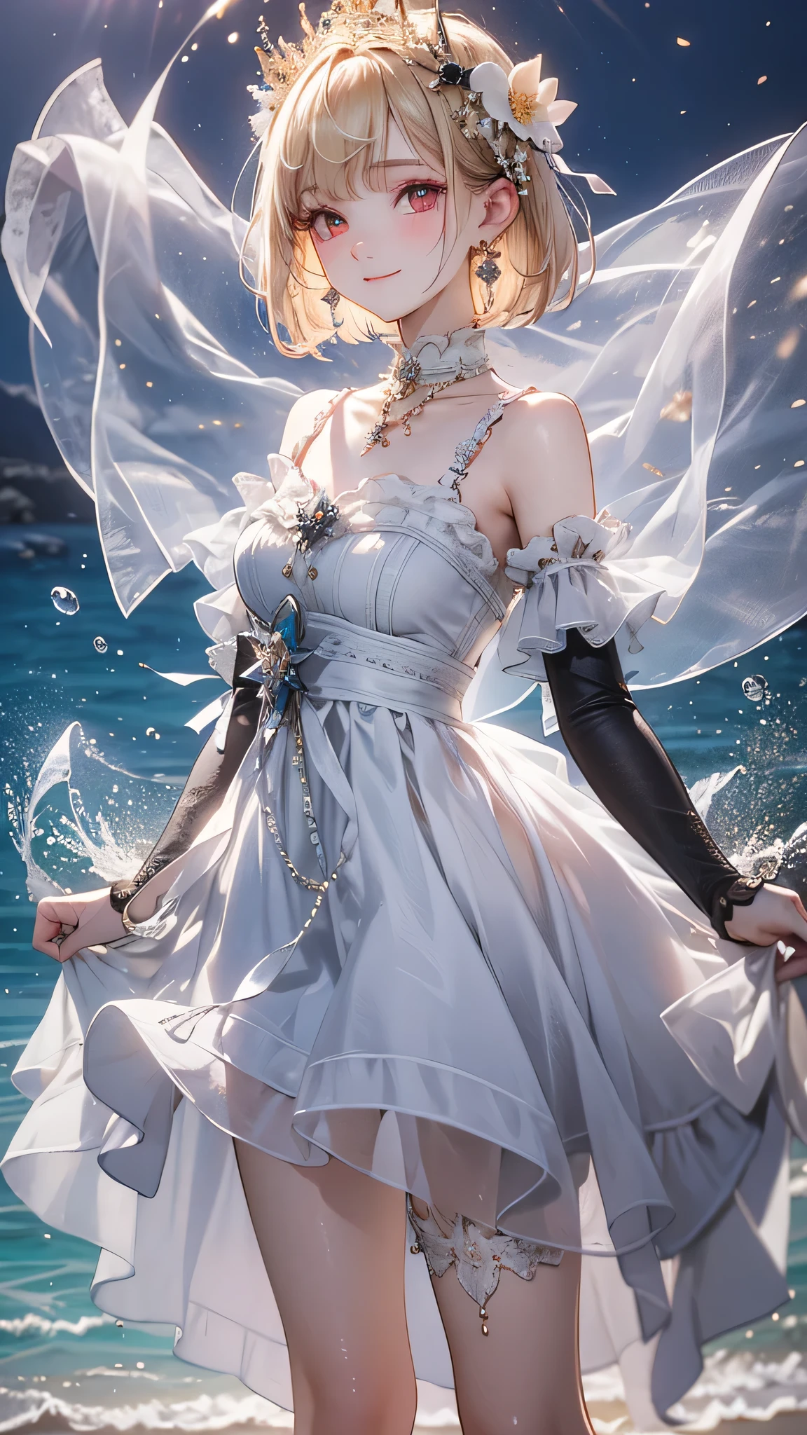 (masterpiece), ((Highest quality)), (Very detailed), ((very delicでe and beautiful)), (Unbelievably absurd))), (Perfect body))), 1 girl, Glowing White Particles, Blonde Bob, Red eyes, 17 years old, Outdoor, null, Aura full body, White Tread Dress, Exposing shoulders, A small smile, Ocean + background, Wind, Earrings, Watching the audience, Cowboy Shot, Rich details, Perfect image quality
