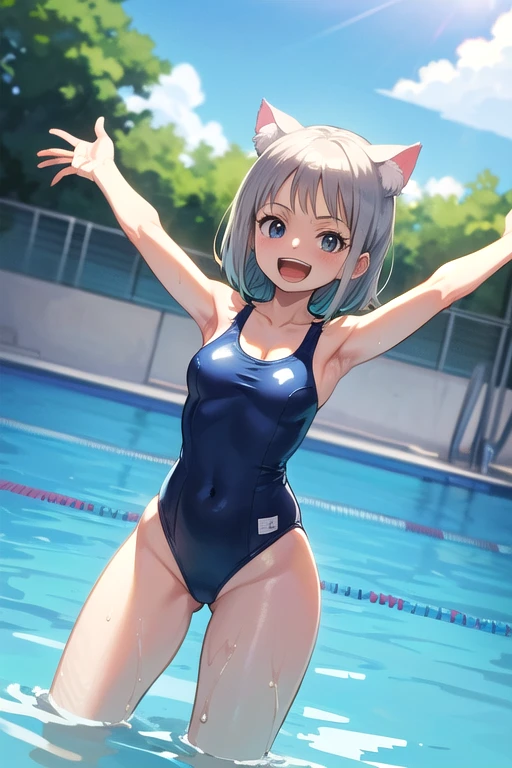 ((One piece swimsuit)), (swimming:1.3), (swim:1.2), Pool, (Raise your arms:1.3), (One girl), cute, (smile), Open your mouth, (Cat ear), ((Gray Hair)), Bobcut, Blue Eyes, noon, Outdoor, Cowboy Shot, ((Highest quality)), ((masterpiece)), (detailed), Perfect Face, Perfect Arms, Perfect hands, Perfect Fingers, anime, Ultra-fine illustration,