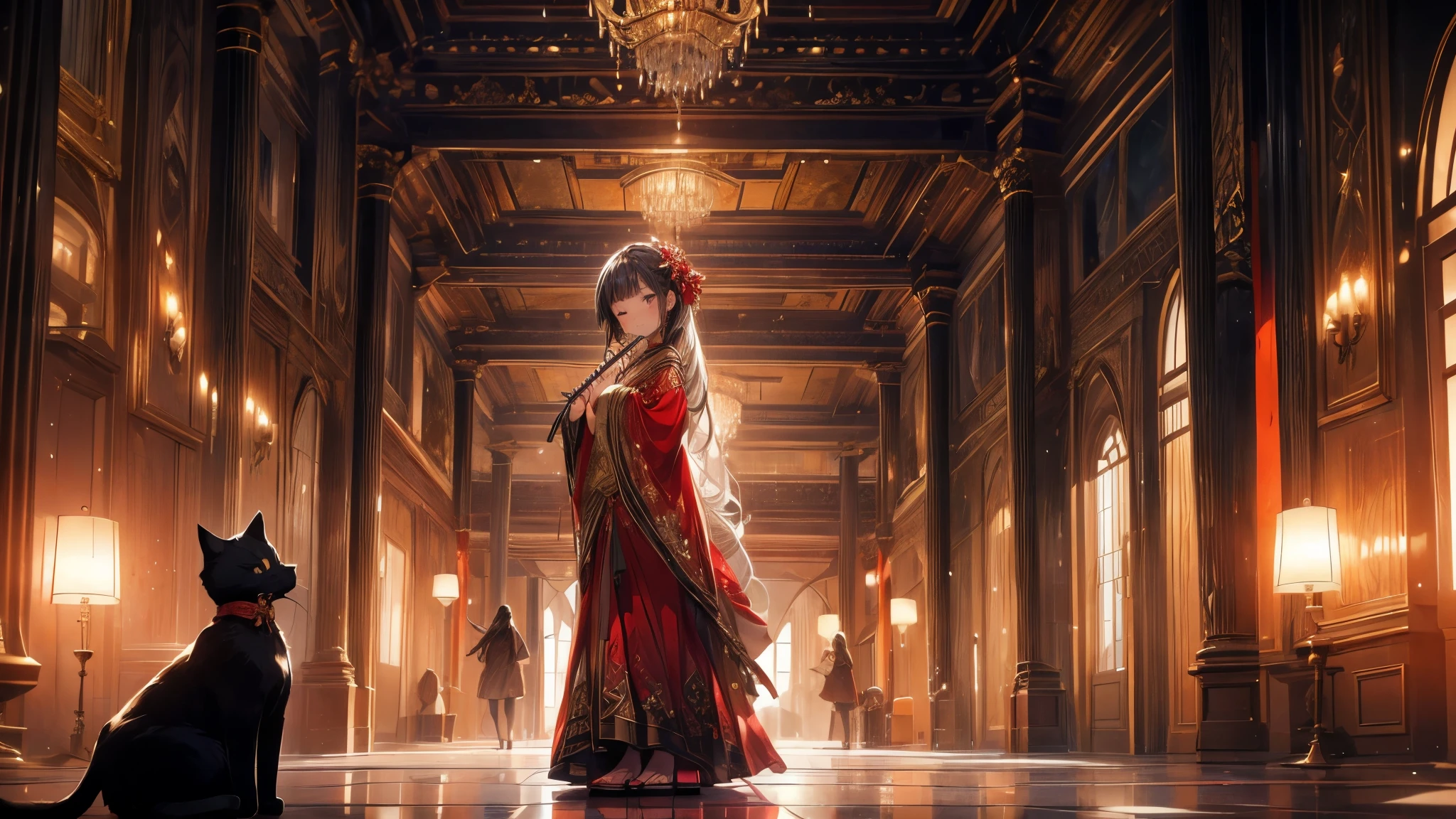 A girl is playing the flute in the hall.
A girl is wearing a long red dress of bronze.
The girl has a serious expression with her eyes closed.
A black cat is watching the girl at her feet.
