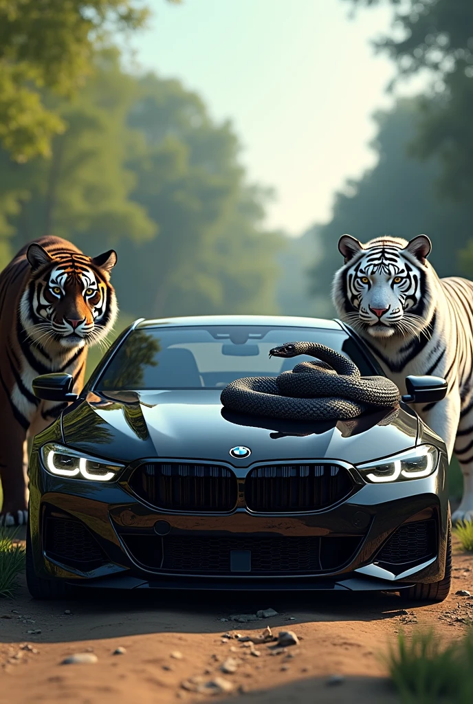 Realistic bmw car , black tiger next to car , white tiger next to car , black cobra snake on car hood