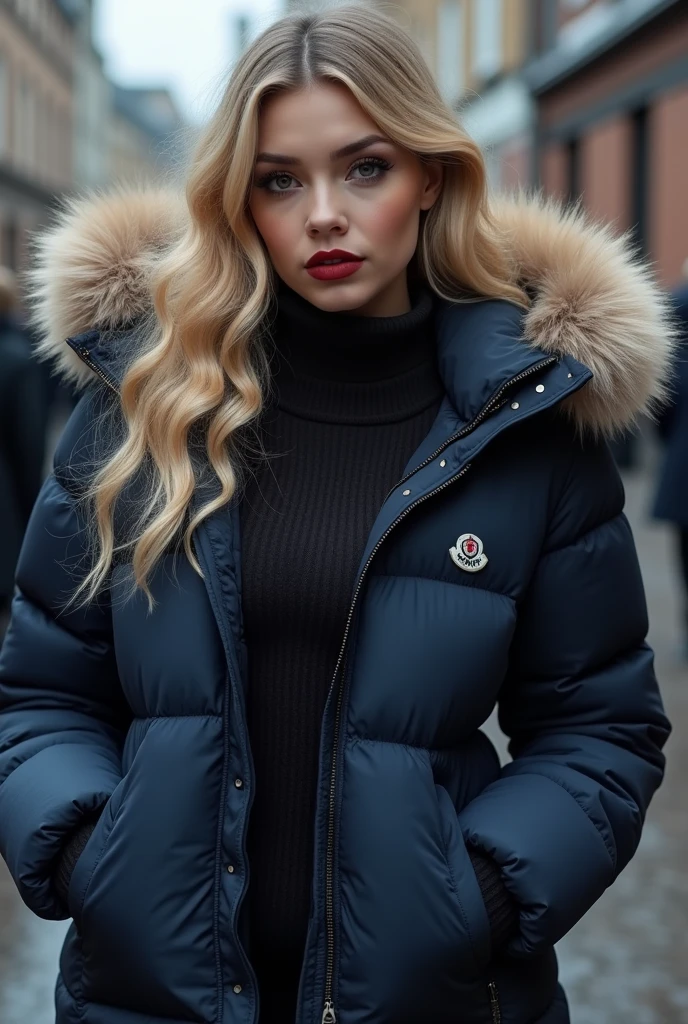 beautiful English female, tight silk navy blue moncler puffer coat, wavy blonde hair, heavy makeup, dark foundation, dark red lipstick, school uniform, large breasts, very fluffy fur hood