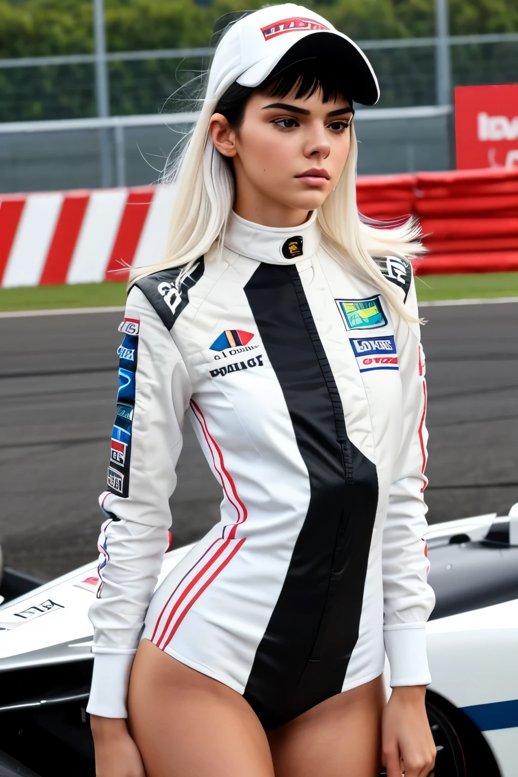 woman 1 meter and 60 centimeters 55 kilos, very white hair at butt level in a straight blue-black cut and extremely straight. She is 23 years old.
Her face is thin and delicate, it looks like Kendall Jenner.
She is wearing Ayrton Senna's red racing suit and holding the Formula 1 helmet.
She is at the racetrack.
And her hair is blowing in the wind.