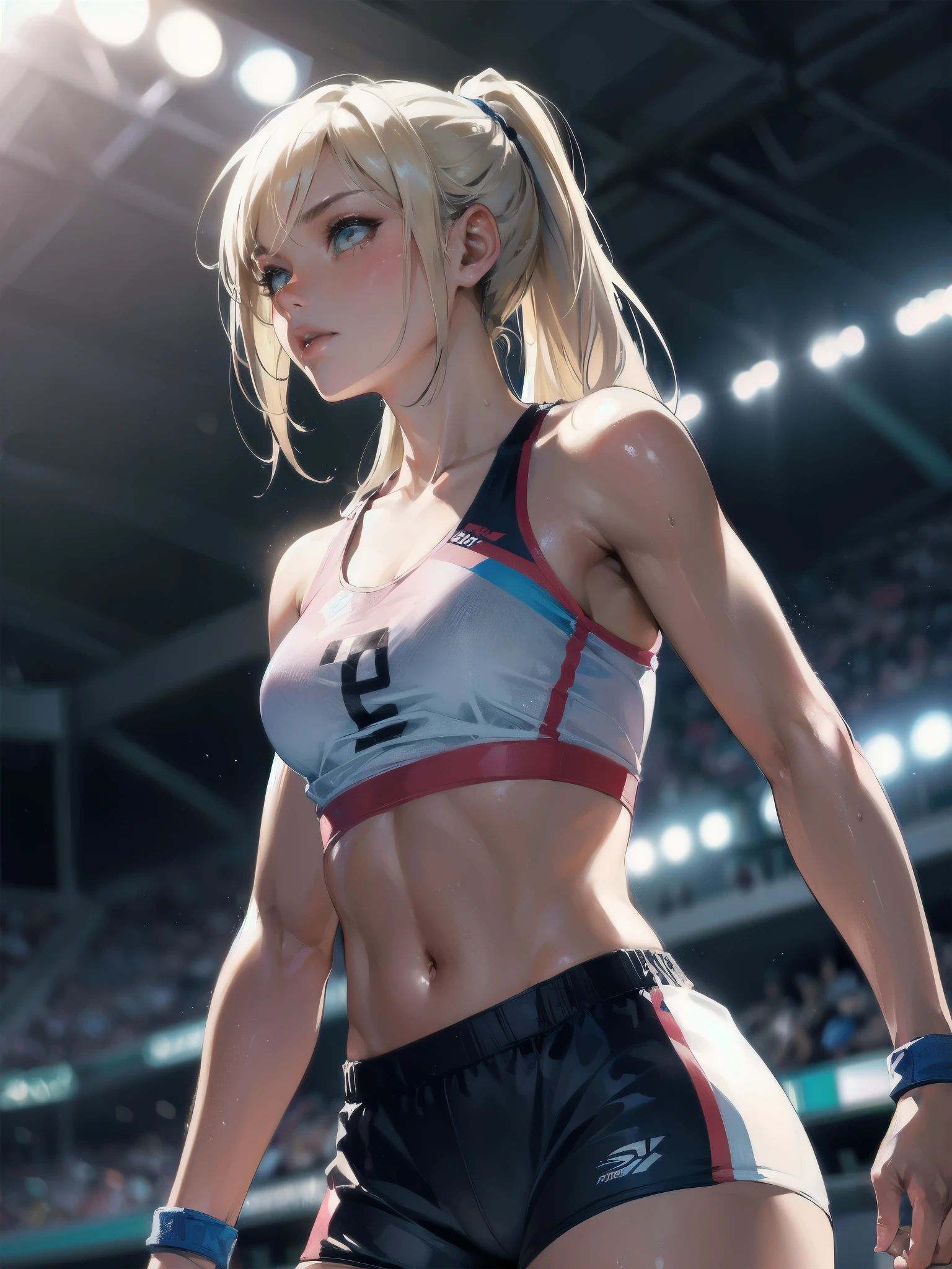 long creamy light hair，twin double tails、(sweaty skin)、 (highest quallity, 8k, 32 mil, work of art, ultra HD:1.2)、humida clothes、((transparentes))、blush,((((sweat)))),((of love)),(Shiny tank top),Bright short leggings,Fitness,Training、((acrobatic pose)),thicc thighs,((vapour)),((Training gym)),Fitness gym,humida