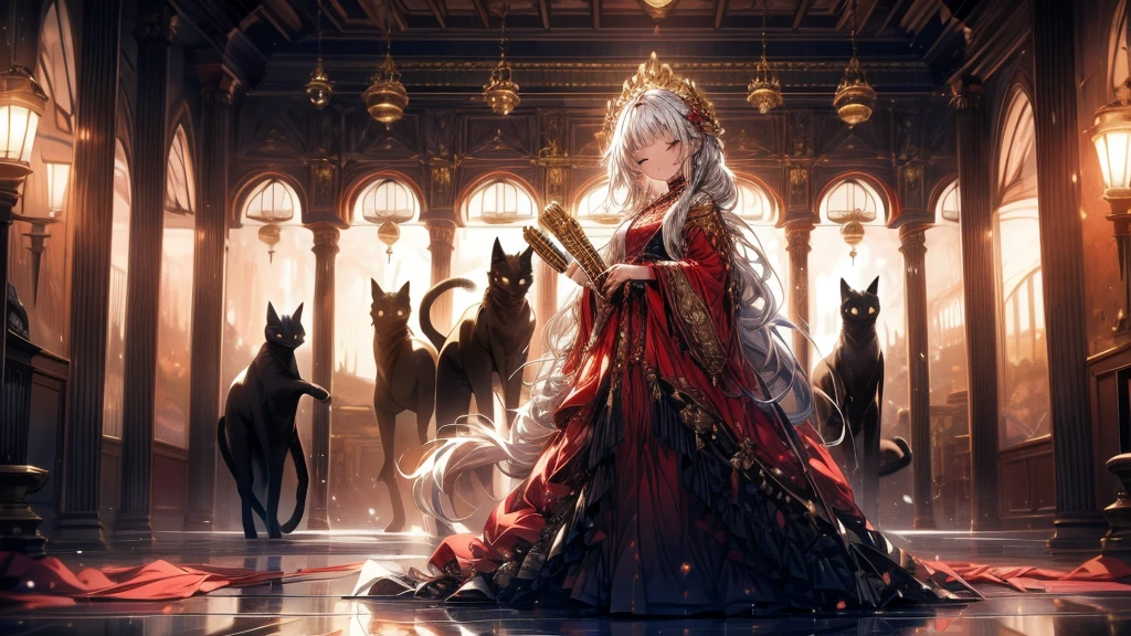 A girl is playing the flute in the hall. A girl is wearing a long red dress of bronze. The girl has a serious expression with her eyes closed. A black cat is watching the girl at her feet.
