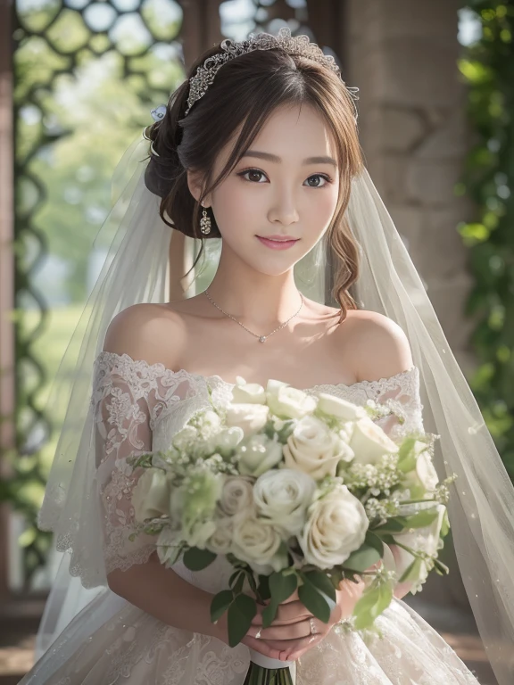 Photo-realistic quality、a woman in a Wedding dress holding a bouquet of flowers、Standing in front of the church、20 year old Japanese model、白のWedding dress,Hanae Mori style wedding dress、Japan idols at 20 years old、lace prom dresses、looking at the camera、Detailed and beautiful eyes、Cute smile、Relaxed and gentle expression、a close up of a woman in a Wedding dress holding a bouquet, Wedding dress, So magical and dreamy、Blur the background a lot、300mm F2.Shot with 8 lenses