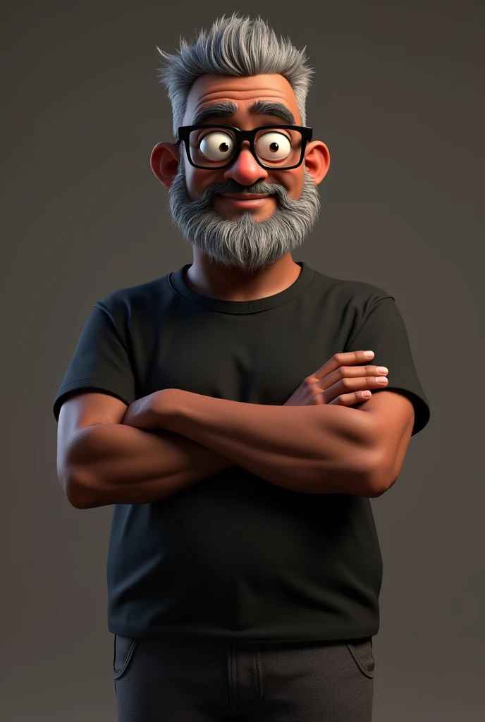 artoon character of a middle-aged black man with very short hair, wearing black glasses. Stylized character, animation-style rendering, 3D stylized rendering, Arnold Maya render, 3D stylized render, toon Keyshot render, 3D character, 3D stylized rendering, cartoon character, character close-up, character pose, Pixar style, high quality, cinematic lighting, sharp focus, detailed texture, detailed skin, clay, bokeh, 8K. The man should have the following characteristics: A middle-aged man with a broad build and overweight, casually relaxed hands. His skin tone is dark brown with a warm undertone. He has only two prominent vertical wrinkles between his eyebrows. His beard is very short, trimmed, and sparse, with more white hairs on the chin and the rest being dark gray. His hair is gray, extremely short on top, styled to the right side, and shaved on the sides. He wears modern black glasses. His eyebrows are thick and well-defined, and his eyes are very dark brown, conveying warmth and friendliness. The man is dressed in an oversized black t-shirt and dark gray pants without a belt. Incorporate the following ancestry characteristics: 43% European (17% Iberian and 17% Western European, including Germany, France, and the Netherlands), 4% Sephardic Jewish, 3% Fennoscandian, less than 2% Balkan and Lapland and Volga-Ural, 41% from the Americas, 9% from the Middle East and Maghreb, and 7% from Africa.