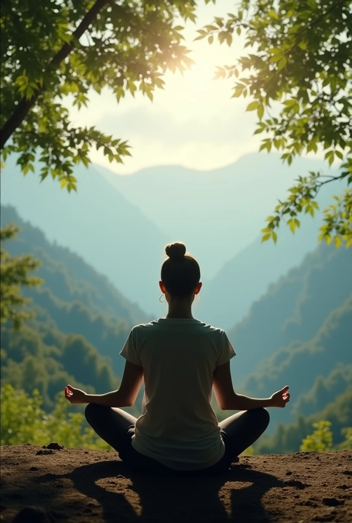 **“A person sitting in a meditative pose, cross-legged, amidst a serene natural landscape such as a forest or mountains. Soft light filtering through leaves to enhance the sense of tranquility and awakening.”**
