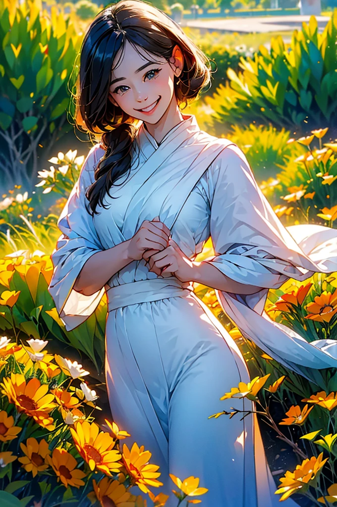 (in 8K、top-quality、​masterpiece:1.2)、One woman、(Smiling smile:1.1)、beautidful eyes、Valley、The upper part of the body、length hair、Like a boy、Longhaire、Green View、