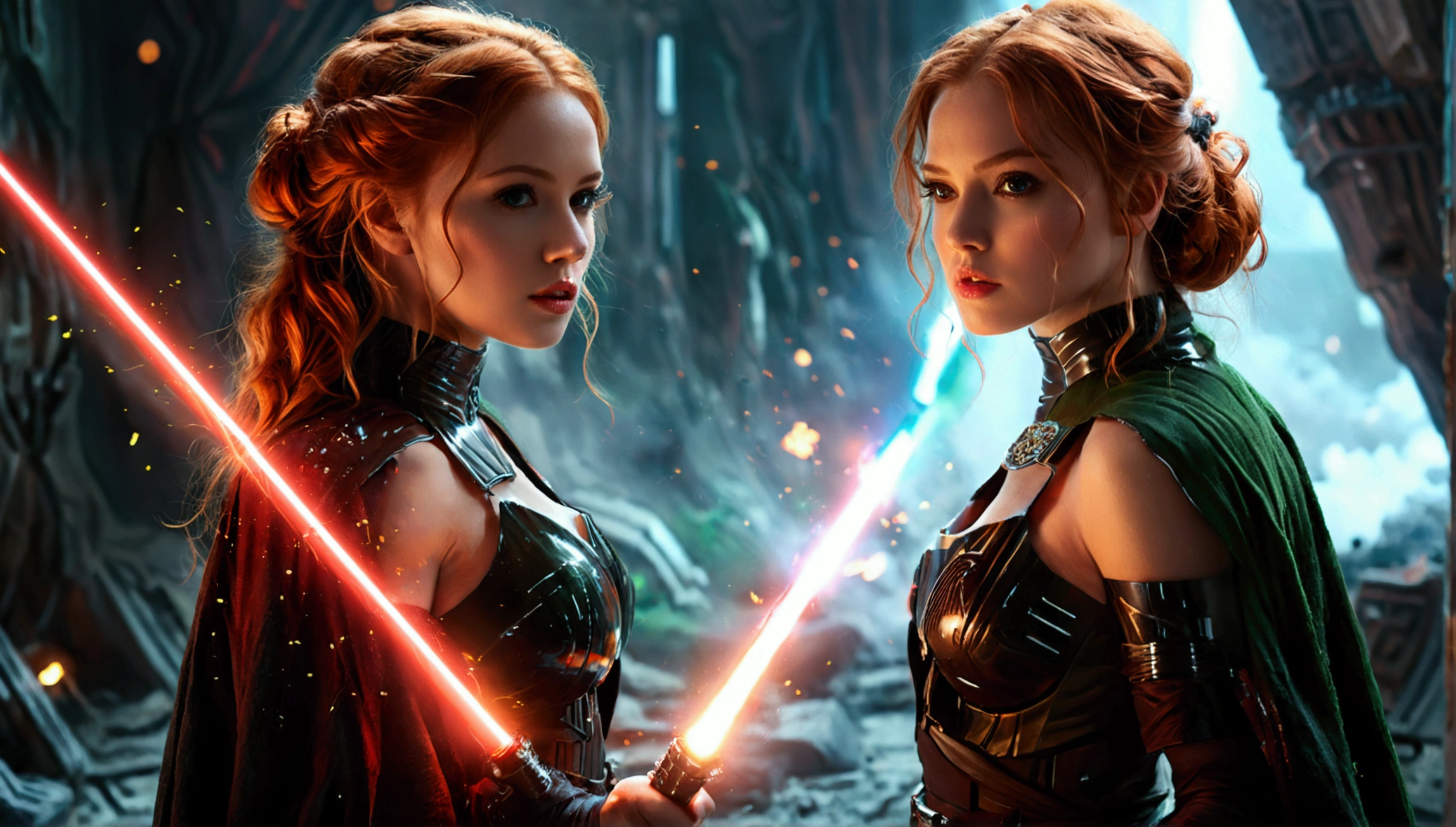 (full body shot:1) photorealistic image of two (standing pose:1) women, ultrarealistic, photography, one with long red hair, woman, 24 years old, hourglass figure, perfect body, seductive look, natural medium breasts, blur background, in complete darkness, she is wearing a sith robe, she is holding a red lightsaber, the lightsaber is the only lightsource, on a dark destroyed spacestation, explosion in the background, long sexy legs, lightsaber battle against a blonde, 30 years old, curvy figure, she is wearing a jedi robe, green lightsaber, side view, crossing lightsabersin a battle, sparks are flying, dynamic shot, action shot