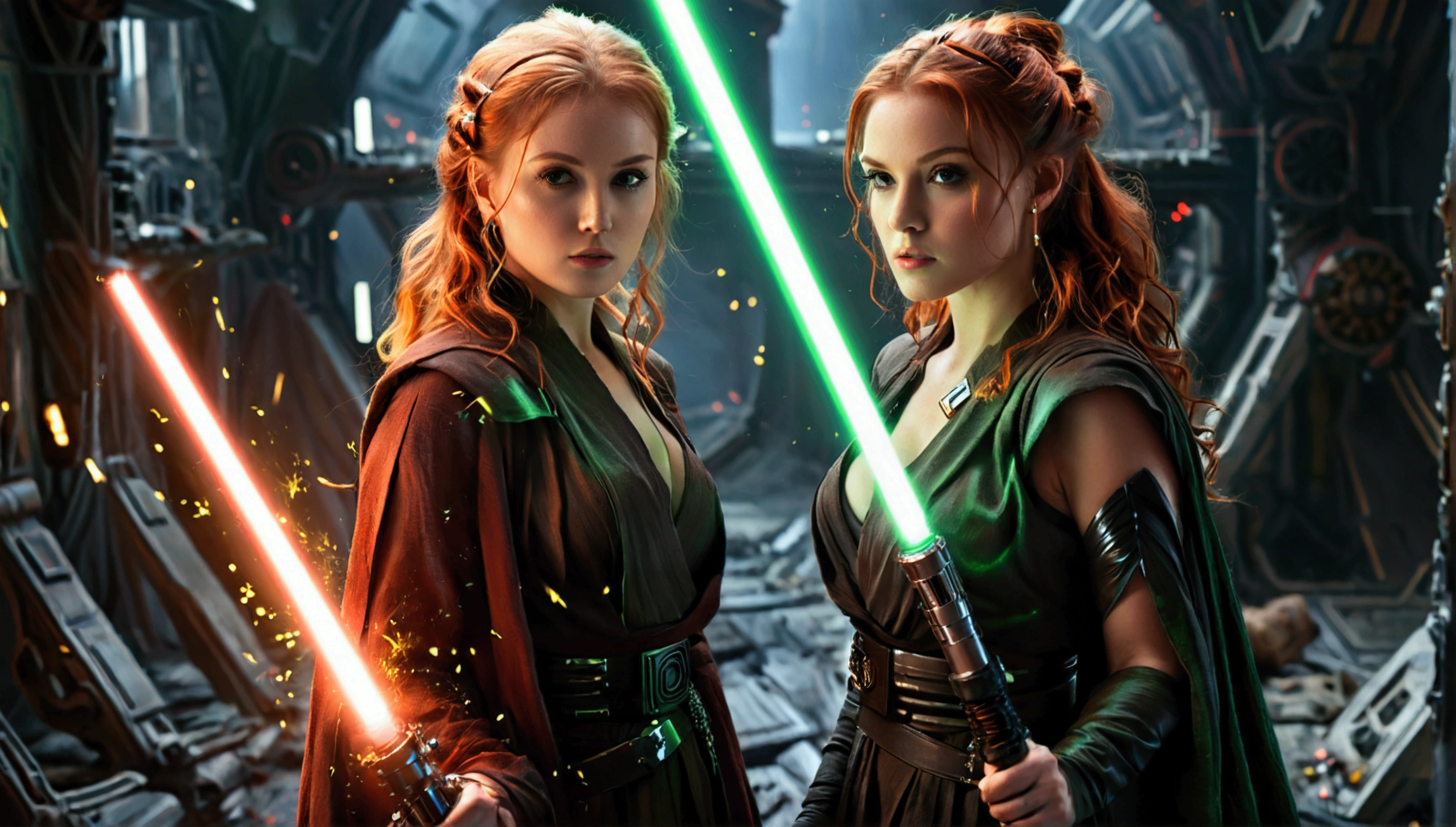 (full body shot:1) photorealistic image of two (standing pose:1) women, ultrarealistic, photography, one with long red hair, woman, 24 years old, hourglass figure, perfect body, seductive look, natural medium breasts, blur background, in complete darkness, she is wearing a sith robe, she is holding a red lightsaber, the lightsaber is the only lightsource, on a dark destroyed spacestation, explosion in the background, long sexy legs, lightsaber battle against a blonde, 30 years old, curvy figure, she is wearing a jedi robe, green lightsaber, side view, crossing lightsabersin a battle, sparks are flying, dynamic shot, action shot