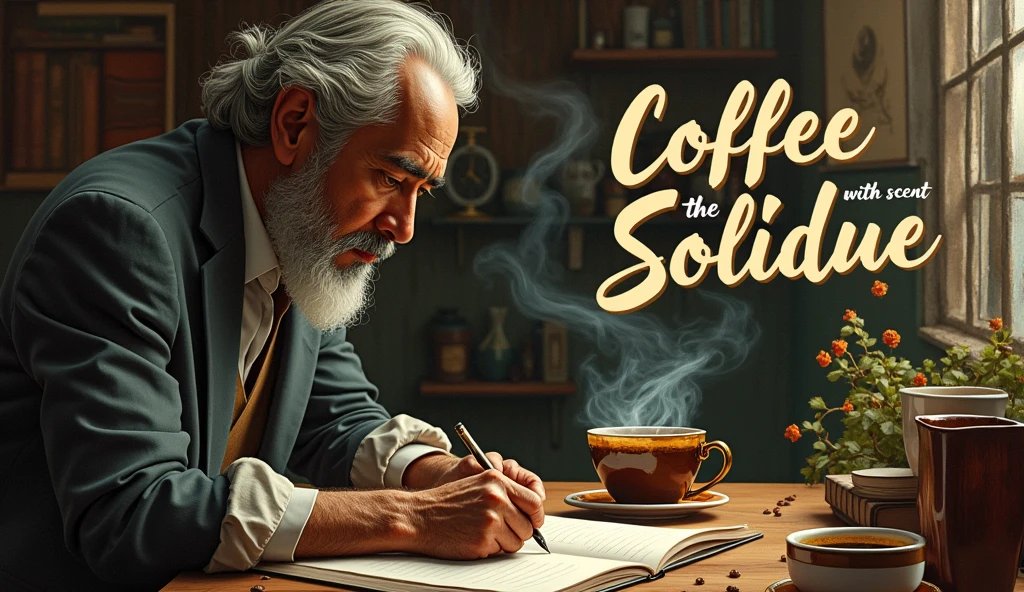 A poster with the following title: Coffee with the scent of Poetry. In this image add the title: 
"Coffee with the scent of Poetry. 
Gabriel Garcia Marquez Writes: One Hundred Years of Solitude We Survived 100 Days of Full-Time School" Write this title on the image.