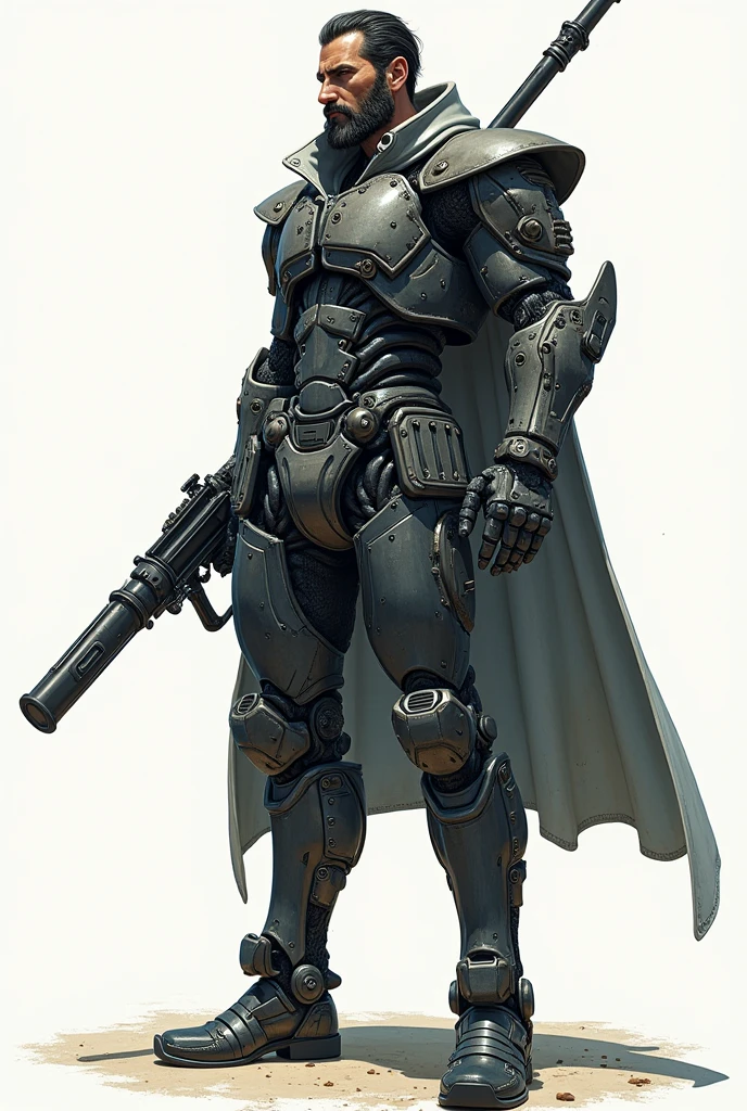Center shot, a cartoon character with a gun in one hand and a katana in the other, standing in front of a white background, military shoes, cybernetic helmet, dusty floor, Doug Aitken, Fernando Amosolo, Mortal Kombat style, Altichiero, mecha, concept art, detailed armor elements with complex decoration, rayonism