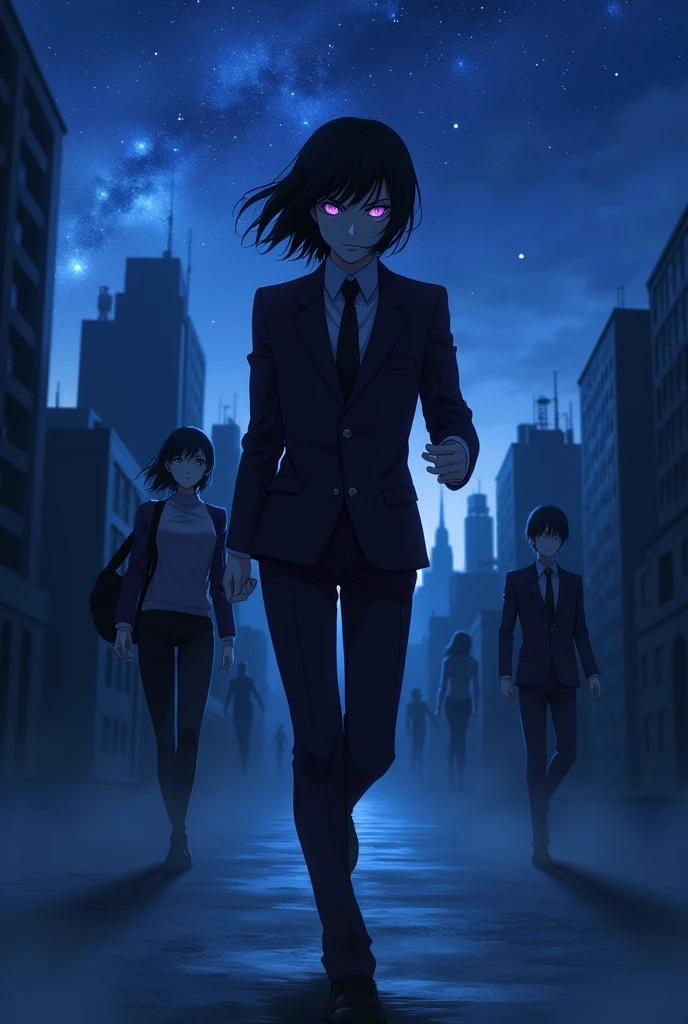 An anime character that looks nice that looks dangerous with medium long black hair and light purple eyes with a Sojiro Joshima style suit, the color of the character&#39;s black suit with dark purple Lance Crown hair style and that has a Dazai style eye design with a background of a dusk landscape with the shine of the blue stars with buildings that look good like a demon and also that has black shoes, a serious and psychopathic Okita version that looks white and looks lonely, ready to escape, running with a girl surrounded by bad characters who want to finish him off. 