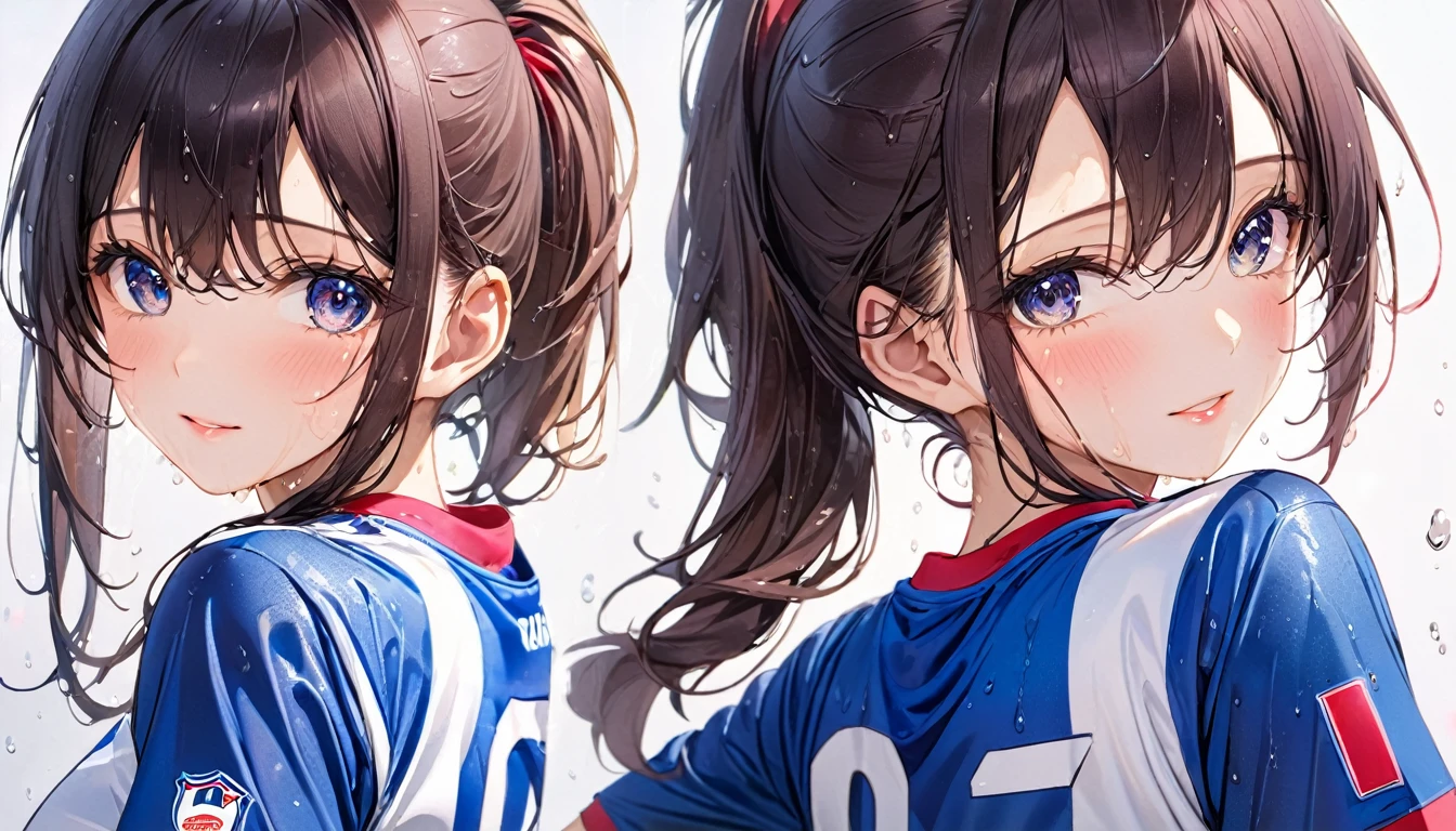 (masterpiece,Highest quality,Ultra-high resolution),Japanese women, (((A very beautiful 12 year old girl))), pretty girl、Look at the photographer、 ((Beautiful low ponytail)), Very cute face, Glossy Lips, Double eyelids on both eyes,Natural smile、 Natural Makeup, Long eyelashes, Shiny and smooth hair、Center image, Perfect limbs, Perfect Anatomy,(((Soccer uniforms)))、(((Looking Back)),(Wet with sweat),,