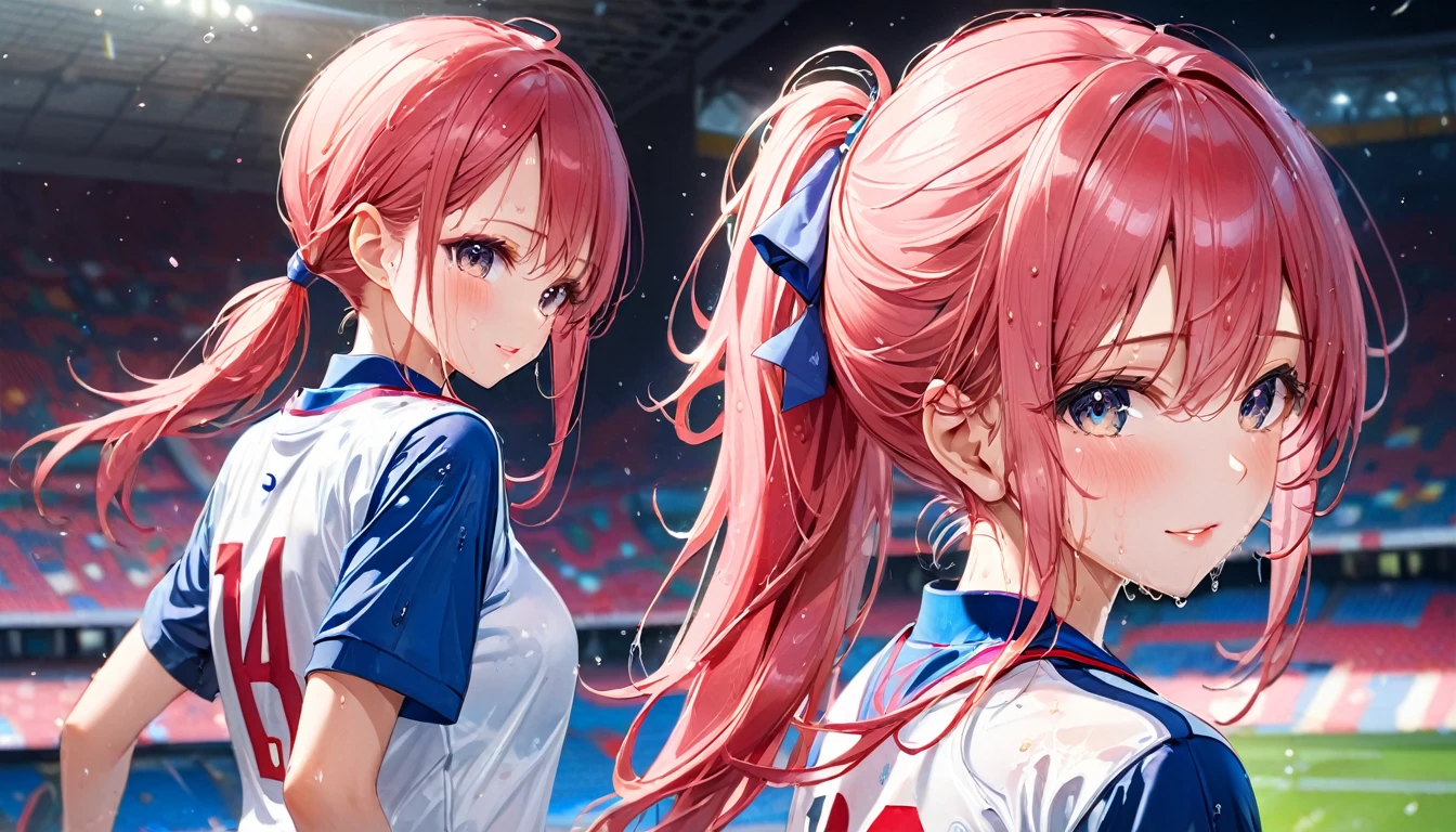 (masterpiece,Highest quality,Ultra-high resolution),Japanese women, (((A very beautiful 12 year old girl))), pretty girl、Look at the photographer、 ((Beautiful low ponytail)), Very cute face, Glossy Lips, Double eyelids on both eyes,Natural smile、 Natural Makeup, Long eyelashes, Shiny and smooth hair、Center image, Perfect limbs, Perfect Anatomy,(((Soccer uniforms)))、(((Looking Back)),(Wet with sweat),,