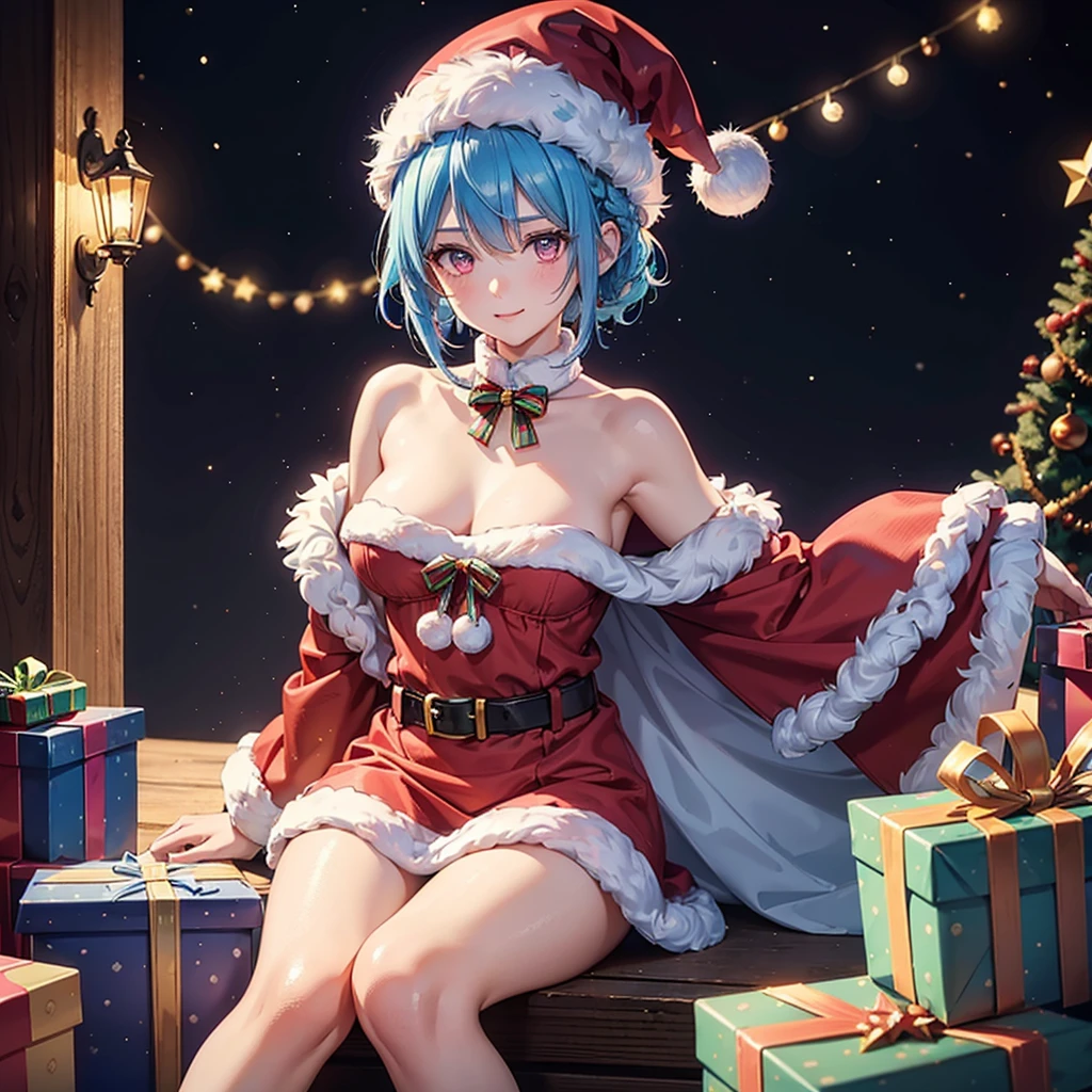 (Sky blue hair),(Braided short hair), (Pink Eyes),Fair skin) ,(whole body),(One Girl),(Gift boxes filling the background),(Santa Claus clothes),Cute smile,Santa Claus hat,(Christmas Party),(masterpiece, Highest quality, Very detailed, Best Shadow), (Detailed Background), (Beautifully detailed face), High Contrast, (Best lighting, Very delicate and beautiful), ((Cinematic Light)), Hyper Detail,8k, Dramatic Light, Intricate details,night,Christmas tree