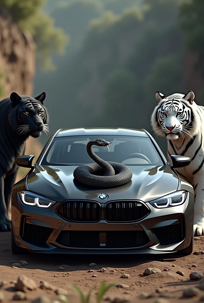 Realistic bmw car , black tiger next to car , white tiger next to car , black cobra snake on car hood