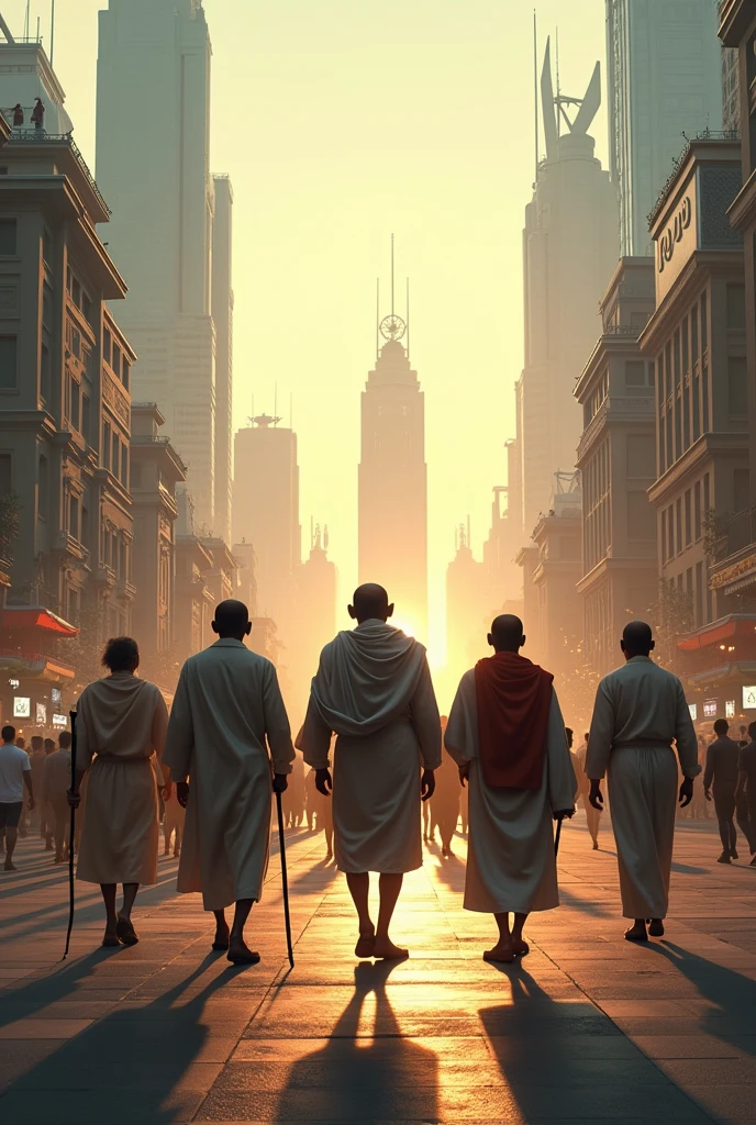 Gandhiji and other freedom fighters walking through a street in futuristic india, we see their back, the picture is almost look 3D, but the india we see is not that much futiristic but still a developed one... 