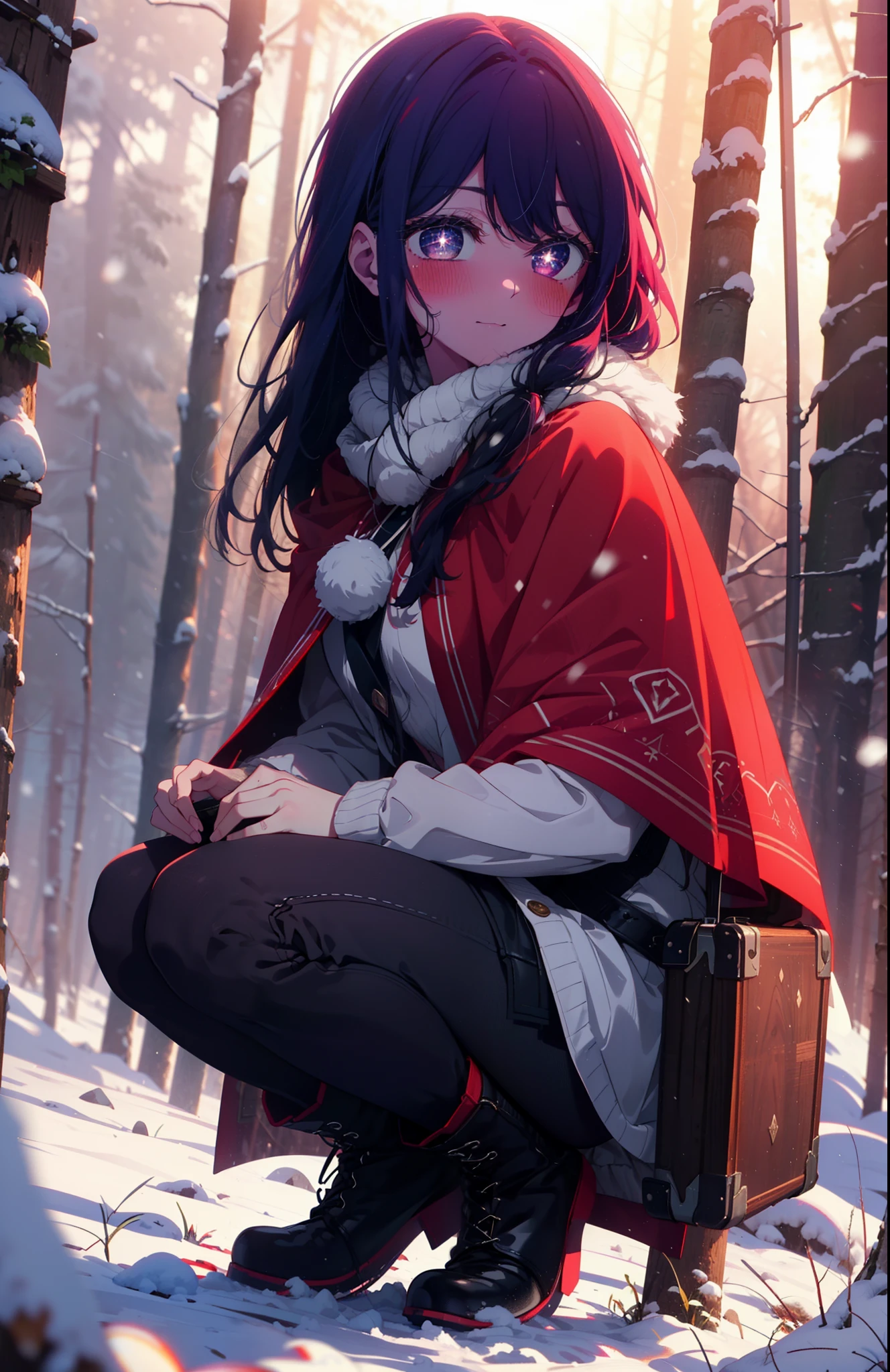 aihoshino, Ai Hoshino, Long Hair, bangs, (Purple eyes:1.1), Purple Hair, (Symbol-shaped pupil:1.5), smile,,smile,blush,white breath,
Open your mouth,snow,Ground bonfire, Outdoor, boots, snowing, From the side, wood, suitcase, Cape, Blurred, , forest, White handbag, nature, Squat, Mouth closed, Cape, winter, Written boundary depth, Black shoes, red Cape break looking at viewer, Upper Body, whole body, break Outdoor, forest, nature, break (masterpiece:1.2), Highest quality, High resolution, unity 8k wallpaper, (shape:0.8), (Beautiful and beautiful eyes:1.6), Highly detailed face, Perfect lighting, Highly detailed CG, (Perfect hands, Perfect Anatomy),
