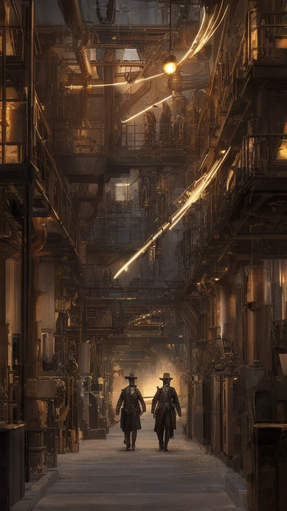 Background only、Steampunk-style factory night view、Shining、Pipes cross、Pale white light、Looks like a photo、future的な工場、See the full picture、future、Beautiful lighting、gear、Shining in Gold