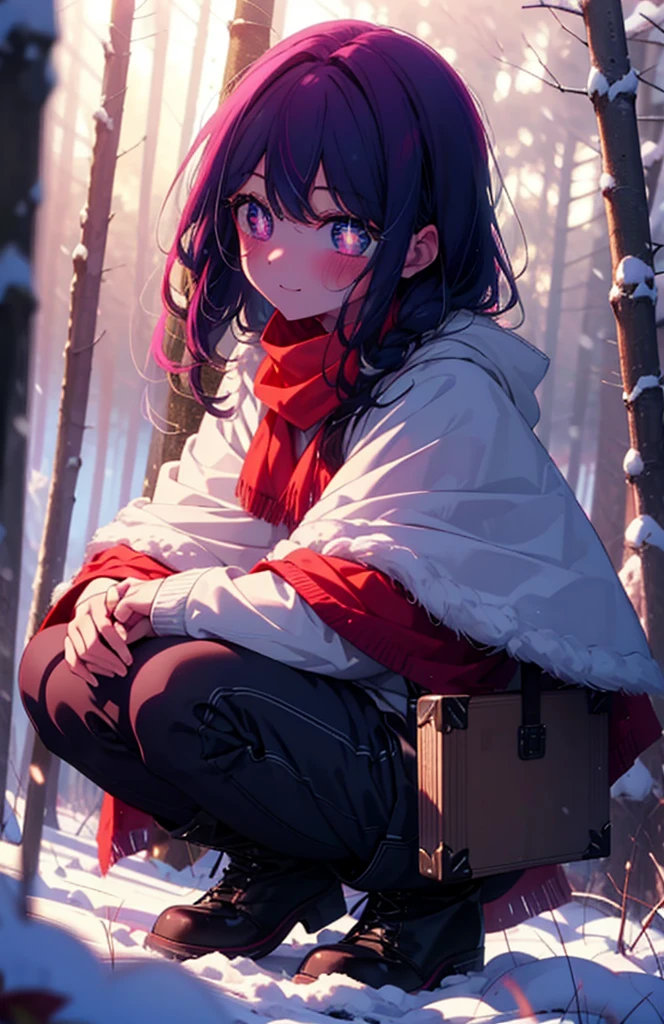 aihoshino, Ai Hoshino, Long Hair, bangs, (Purple eyes:1.1), Purple Hair, (Symbol-shaped pupil:1.5), smile,,smile,blush,white breath,
Open your mouth,snow,Ground bonfire, Outdoor, boots, snowing, From the side, wood, suitcase, Cape, Blurred, , forest, White handbag, nature, Squat, Mouth closed, Cape, winter, Written boundary depth, Black shoes, red Cape break looking at viewer, Upper Body, whole body, break Outdoor, forest, nature, break (masterpiece:1.2), Highest quality, High resolution, unity 8k wallpaper, (shape:0.8), (Beautiful and beautiful eyes:1.6), Highly detailed face, Perfect lighting, Highly detailed CG, (Perfect hands, Perfect Anatomy),
