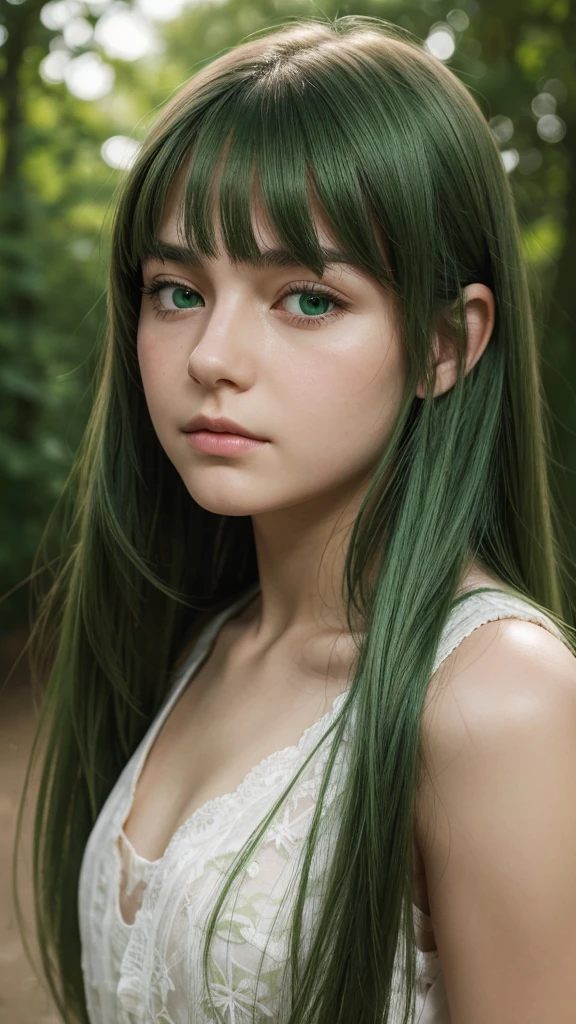 facial portrait. a girl. european. extremely detailed face. oval face. delicate features. round face. half-closed eyes. green eyes. long, straight, very thick hair. green hair. sad, shy expression. looking straight ahead. outdoors
