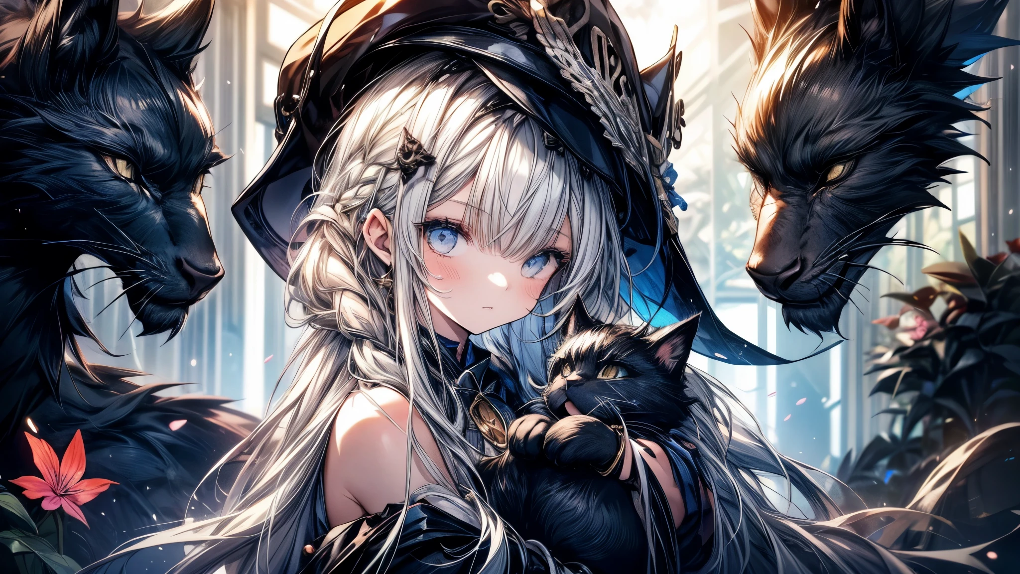 A girl is sleeping surrounded by various animals.
The girl has short hemp-colored hair and a well-defined face.
Among the animals is a black cat.