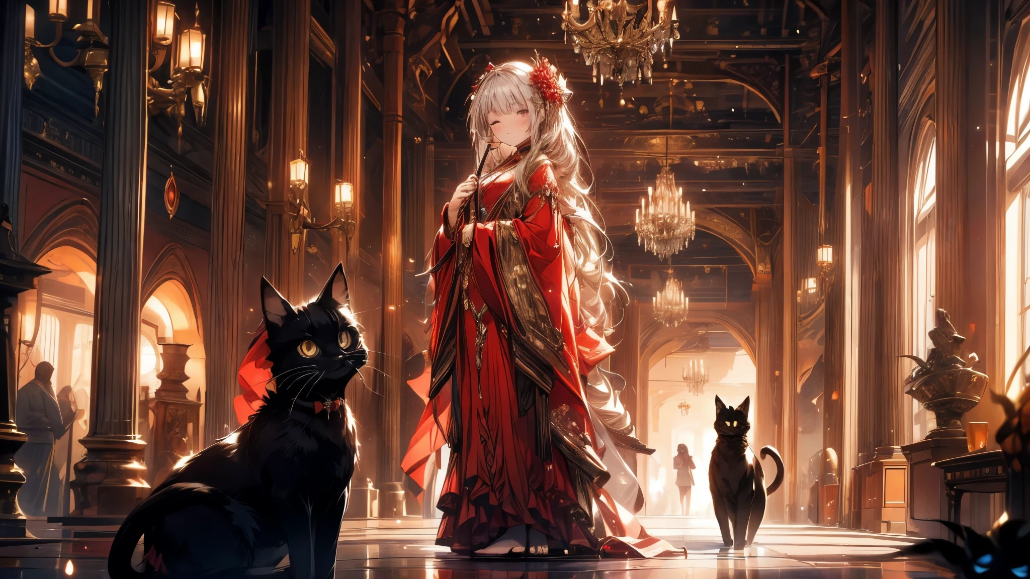 A girl is playing the flute in the hall. A girl is wearing a long red dress of bronze. The girl has a serious expression with her eyes closed. A black cat is watching the girl at her feet.