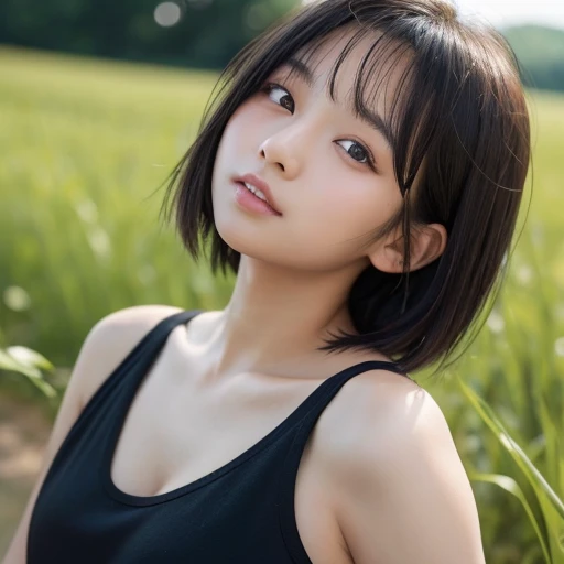Japanese beautiful girl、Semi-short hair、Black Hair、Looks 16 years old、Half-open lips、Clear eyes、Plump cheeks、Plump lips、Innocent expression、Tank top、field、Half-open mouth、Dark Skin、Detailed skin texture、Photorealistic images、Photographic quality、Yayoi、Cleavage、Summer Beautiful Girl、Downcast eyes、Looking down、A sad expression、Summer evening