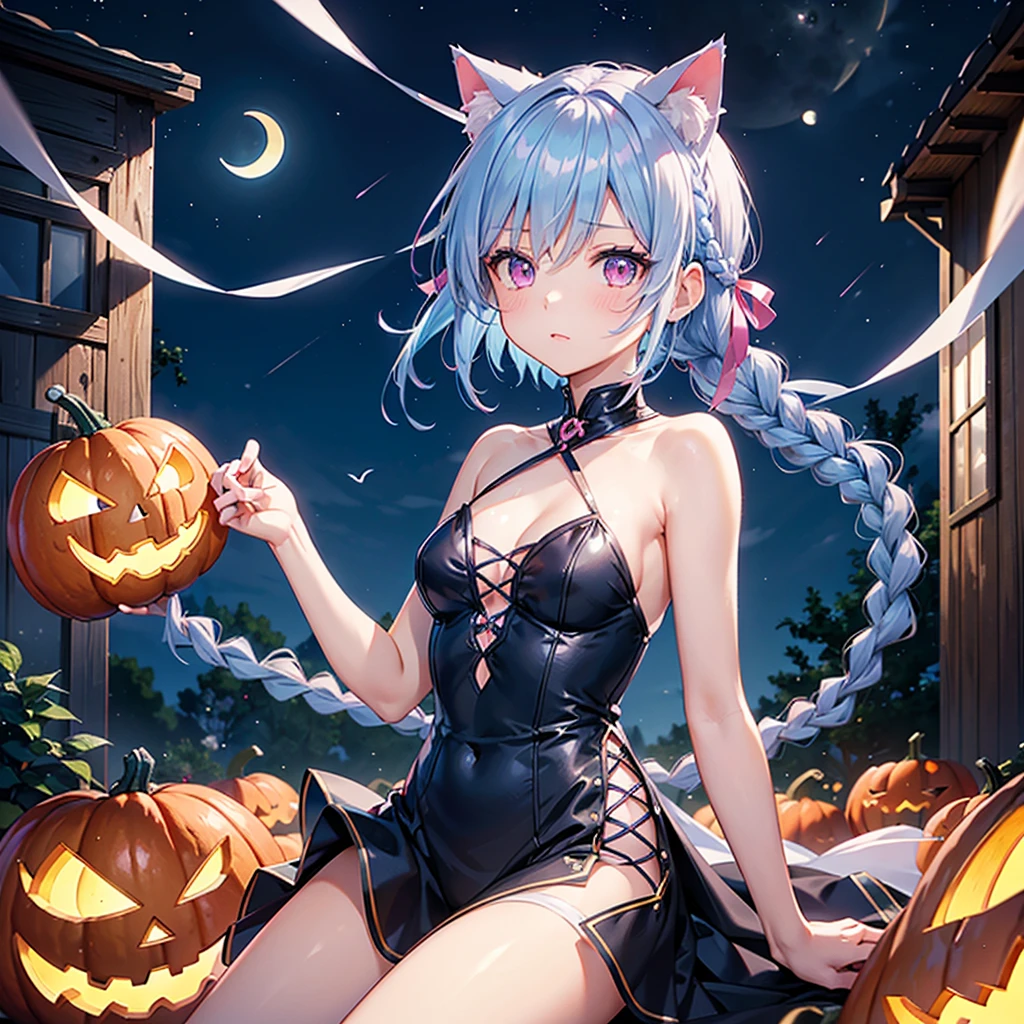 (Sky blue hair),(Braided short hair), (Pink Eyes),Fair skin) ,(whole body),(One Girl),(Crescent Moon),(There are lots of pumpkin ghosts in the background),Cat ear,Cat&#39;s Tail,(Sailor suit),(Fall into Darkness),Cute smile,If you don't give me sweets, I'll play a prank on you.),Halloween Night Party),(masterpiece, Highest quality, Very detailed, Best Shadow), (Detailed Background), (Beautifully detailed face), High Contrast, (Best lighting, Very delicate and beautiful), ((Cinematic Light)), Hyper Detail,8k, Dramatic Light, Intricate details,night,(Bats flying in the background),Pumpkin handbag,There are sweets in the bag,High quality