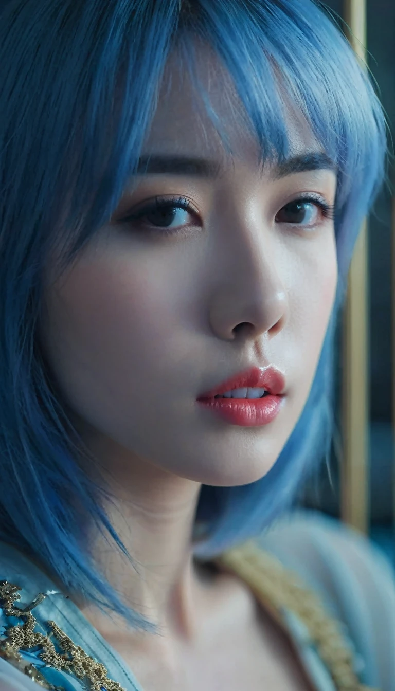 super Close up image to the lips of a shoulder length blue hair beautiful girl sitting on the sofa inside the bird cage, blue misty tone , cinematic color, 16K, UHD, K-Pop Style
