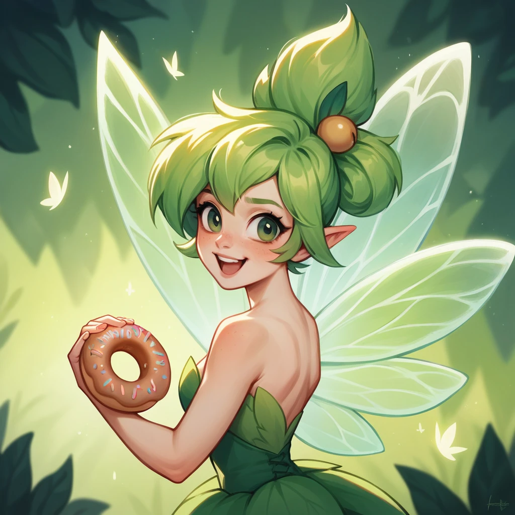 A masterpiece, top quality, highly detailed, extremely detailed, ultra-realistic, humorous, delicate anime style illustration. Fairyland, cinematic lighting, a donut shop run by fairies, Tinkerbell the fairy eating a delicious donut, she is a character from "Peter Pan".