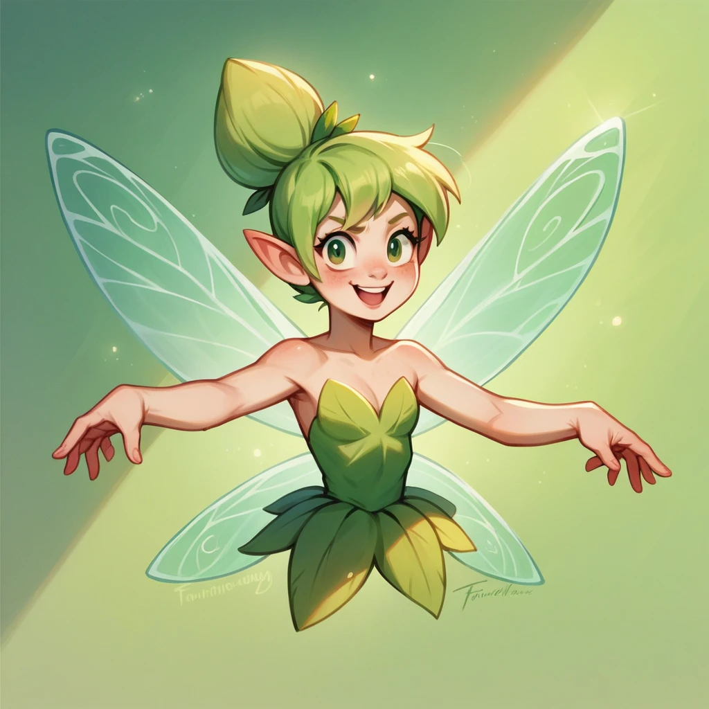 A masterpiece, top quality, highly detailed, extremely detailed, ultra-realistic, humorous, delicate anime style illustration. Fairyland, cinematic lighting, a donut shop run by fairies, Tinkerbell the fairy eating a delicious donut, she is a character from "Peter Pan".