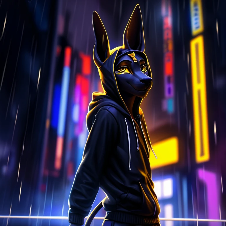  Masterpiece, 4k, 8K, A high resolution, best quality, perfect colors, perfect shadows, perfect lighting, 1Female Anubis anthro furry, Solo, has Yellow eyes, (Realistic eye details), Night in the city, rain, (Realistic Rain detail), wears Streetwear Hoodie, wet Hoodie, Full body like, Slim body, has medium breasts, delight, Standing up position, cool pose charm, Abstract beauty, happy, ultra detailed face, depth of field, motion blur, high, HD, highres, ultra-detailed, HDR, UHD, studio lighting,extreme detail description, professional, vivid colors, lively atmosphere, natural lighting, smile, Looking at camera