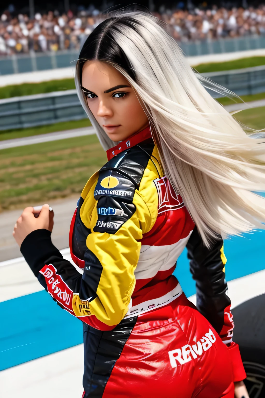 woman 1 meter and 60 centimeters 55 kilos, very white hair at butt level in a straight blue-black cut and extremely straight. She is 23 years old.
Her face is thin and delicate, it looks like Kendall Jenner.
She is wearing Ayrton Senna's red racing suit and holding the Formula 1 helmet.
She is at the racetrack.
And her hair is blowing in the wind.